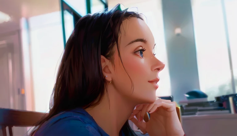 Pixar, 4k, there is a woman sitting at a table with a laptop, woman's face looking away from the camera, distant considerado look, profundamente em pensamento, pensativo and hopeful expression, pensativo, considerado, looking away from the camera, pensativo expression, considerado expression, perdido nos pensamentos, foto de uma mulher, perfil de mulher, considerado ), looking to the side of the camera