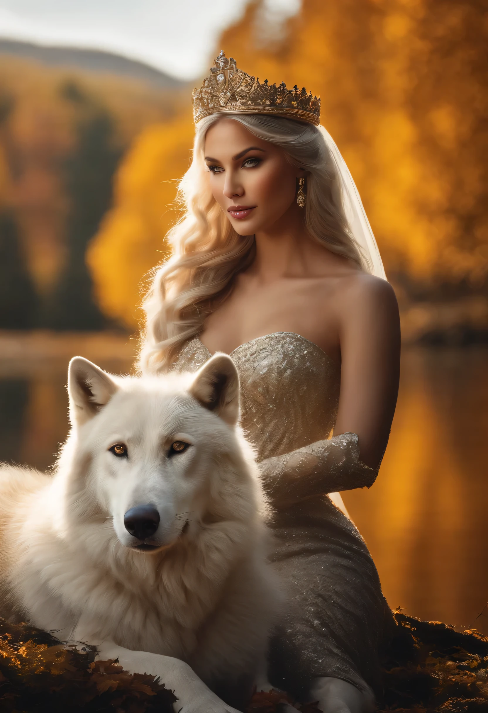 Masterpiece, A beautiful queen, crowned with gold and diamonds sits in the forest in autumn, accompanied by a large white wolf, on the edge of a clear and very beautiful river, high definition at 4k resolution, sharp focus, with very detailed facial features and realistic visual style, high detail face, high detail skin, high resolution, photo-realistic, cinematic lighting, depth of field, bokeh