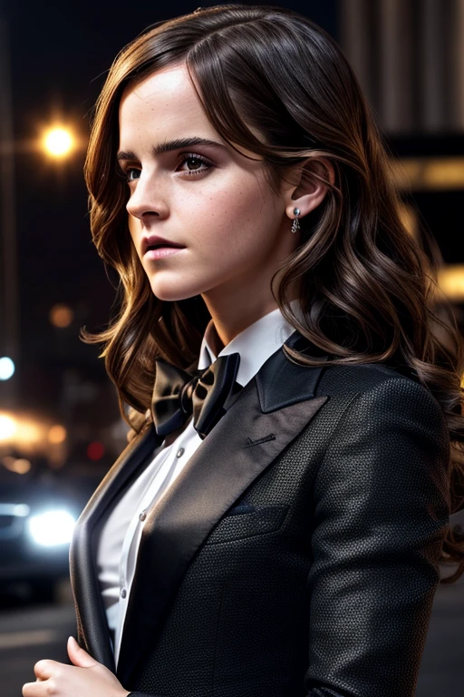 Emma Watson, James Bond,beautiful detailed eyes,beautiful detailed lips,extremely detailed eyes and face,long eyelashes,black wavy hair,confident expression,elegant appearance,7-star black tuxedo,classic British gentleman style,007 logo,action-packed scene,glamorous background,explosions and gunfire,breathtaking chase sequence,stunning special effects,high-res 4K cinematography,dynamic lighting,vibrant colors, cinematic atmosphere