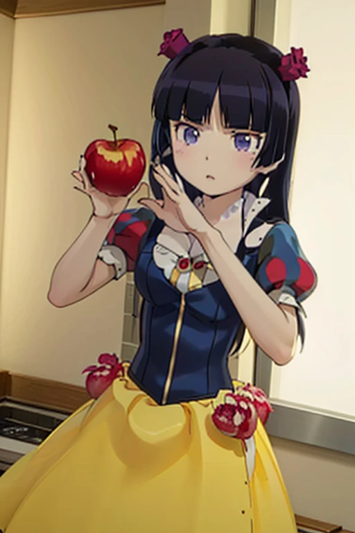((masterpiece, highest quality, Very detailed)), (ruri gokou), Hime cut, Long Hair, Blunt bangs, Black Hair,Dramatic lighting, (Grab a poisonous green poison apple), detailed dress, snow white, red bow, yellow skirt, tight blue corset, yellow dress,