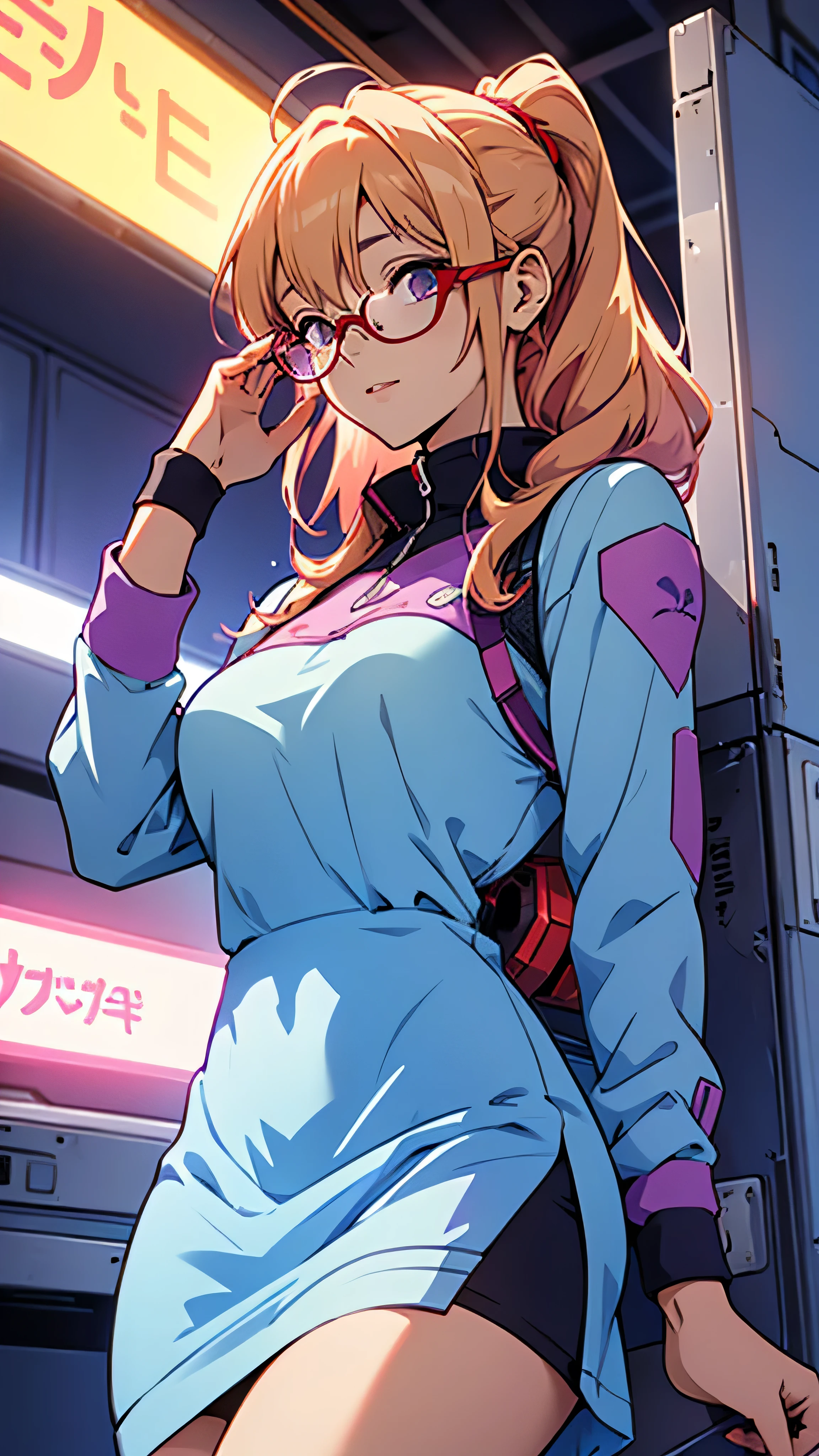 anime,An illustration,purple robot,Mobile Suit,Dom,Light blue check dress,Red glasses,Blonde,Light blue mesh hair,beautiful girl,Sora Sakurano,one person