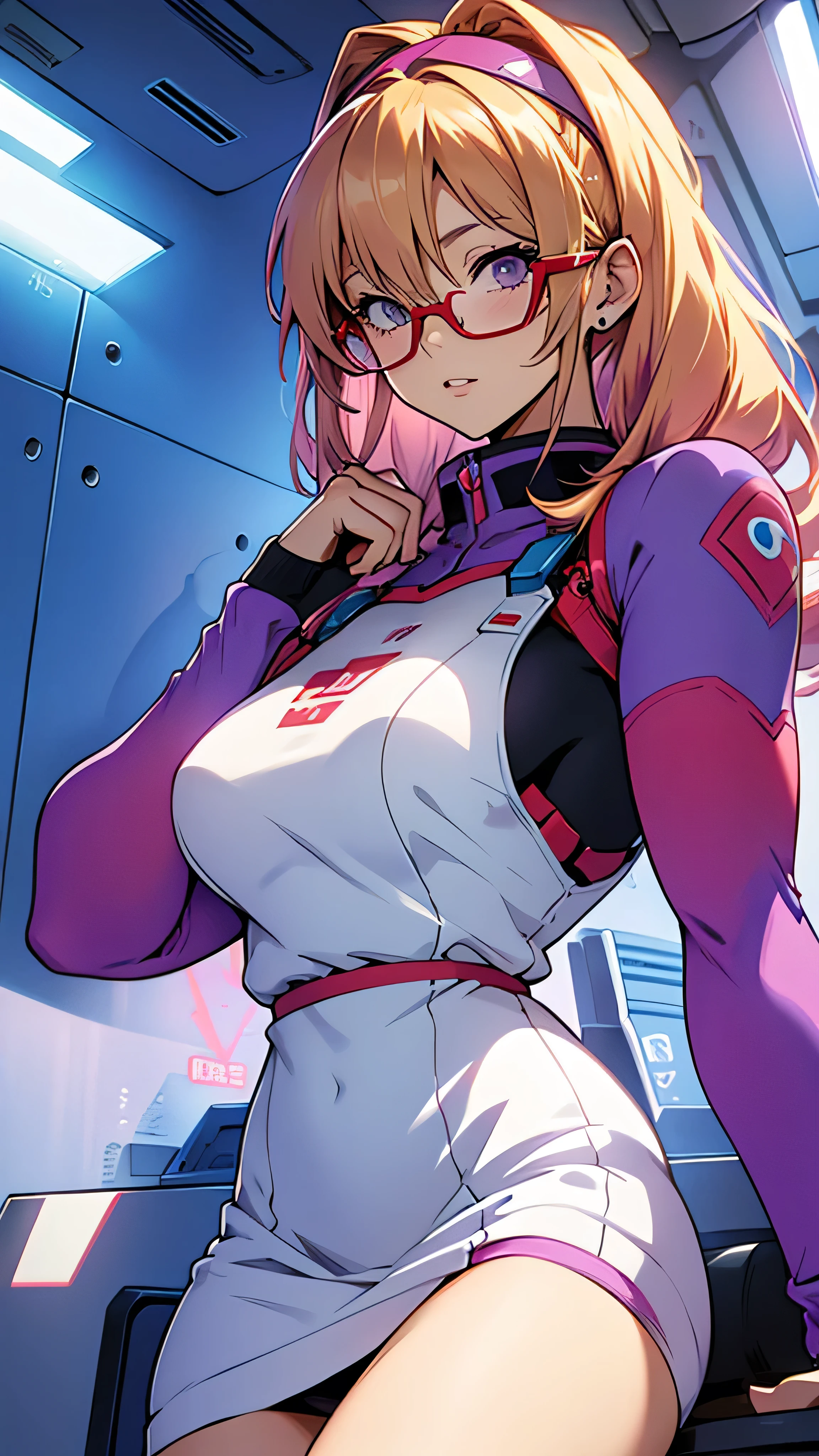 anime,An illustration,purple robot,Mobile Suit,Dom,Light blue check dress,Red glasses,Blonde,Light blue mesh hair,beautiful girl,Sora Sakurano,one person