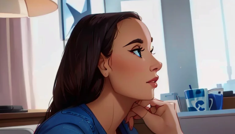 Pixar, 4k, there is a woman sitting at a table with a laptop, woman's face looking away from the camera, distant considerado look, profundamente em pensamento, pensativo and hopeful expression, pensativo, considerado, looking away from the camera, pensativo expression, considerado expression, perdido nos pensamentos, foto de uma mulher, perfil de mulher, considerado ), looking to the side of the camera
