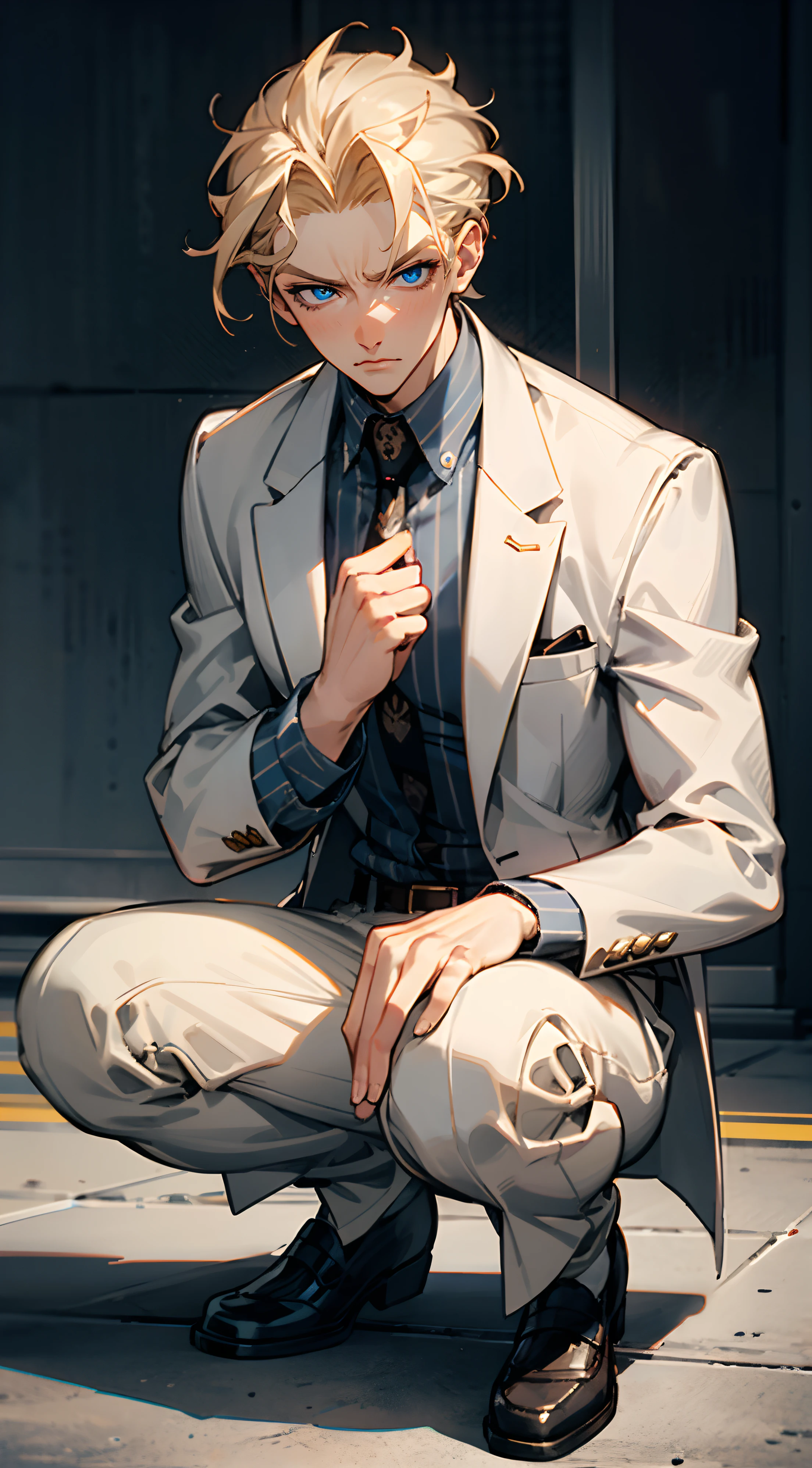 kirayoshikage, kira yoshikage, 1boy, blonde hair, short hair, mature male, cheekbones, blue eyes,
BREAK belt, formal, necktie, shoes, suit, white suit
BREAK looking at viewer, serious expression, slight blush
BREAK outdoors, park,
BREAK (masterpiece:1.2), best quality, high resolution, unity 8k wallpaper, (illustration:0.8), (beautiful detailed eyes:1.6), extremely detailed face, perfect lighting, extremely detailed CG, (perfect hands, perfect anatomy), squatting