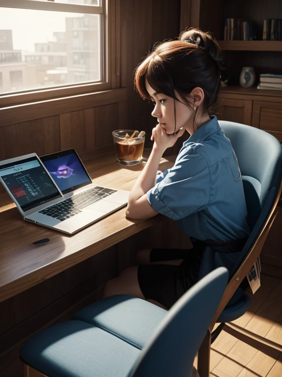 Pixar, 4k, there is a woman sitting at a table with a laptop, woman's face looking away from the camera, distant considerado look, profundamente em pensamento, pensativo and hopeful expression, pensativo, considerado, looking away from the camera, pensativo expression, considerado expression, perdido nos pensamentos, foto de uma mulher, perfil de mulher, considerado ), looking to the side of the camera