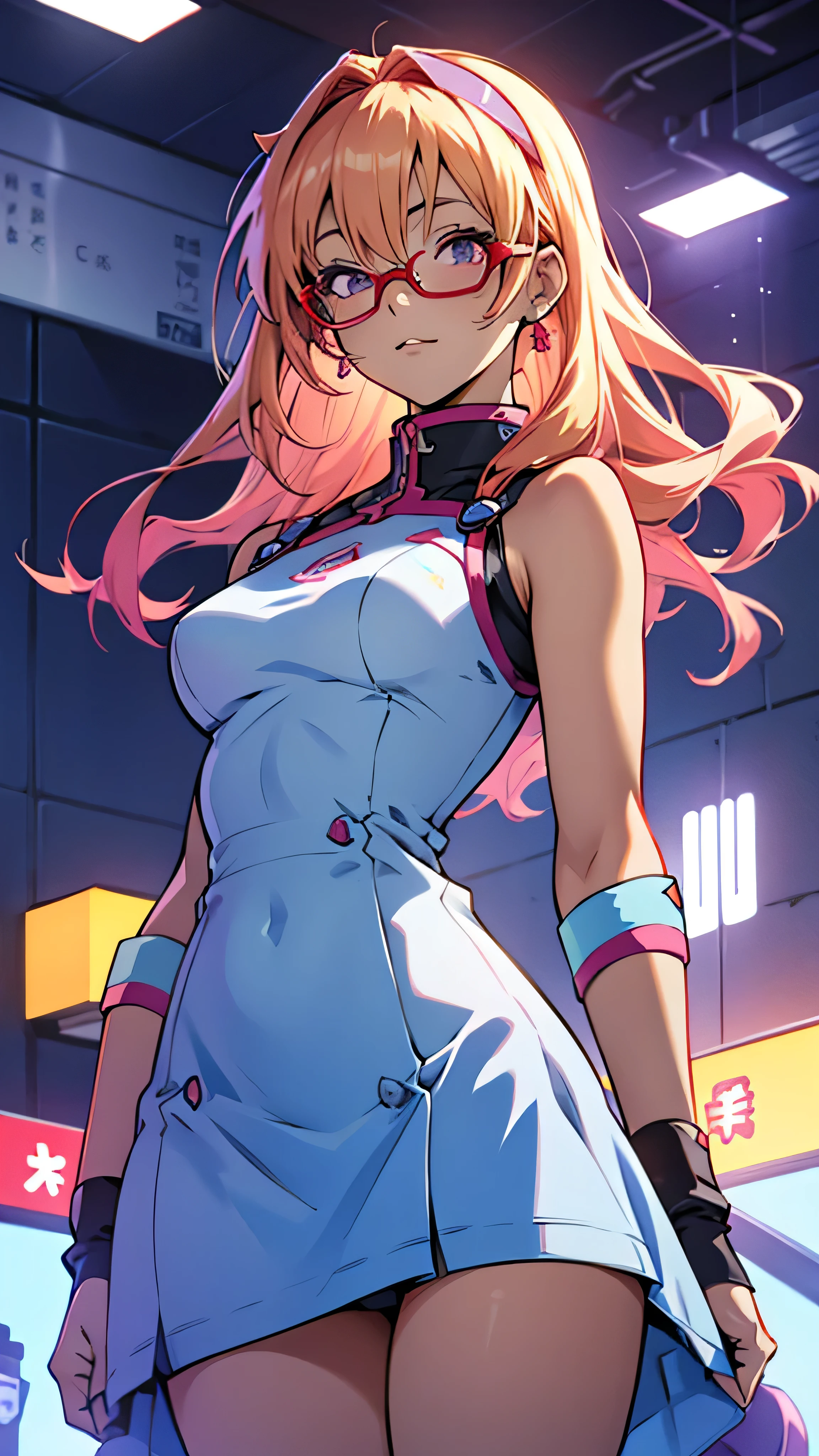anime,An illustration,purple robot,Mobile Suit,Dom,Light blue check dress,Red glasses,Blonde,Light blue mesh hair,beautiful girl,Sora Sakurano,one person