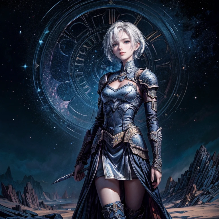One Girl, Alone, 19 Years Old Baldur's Gate 3. Bard, Official Art, National Costume, Unity 8K Wallpaper, Super Detailed, Beautiful and Aesthetic, Masterpiece, Top Quality, Adventure, Fantasy, Epic, Bold Composition, Glitter, lame, starry sky, short cut silver hair, beautiful blue eyes, high definition,