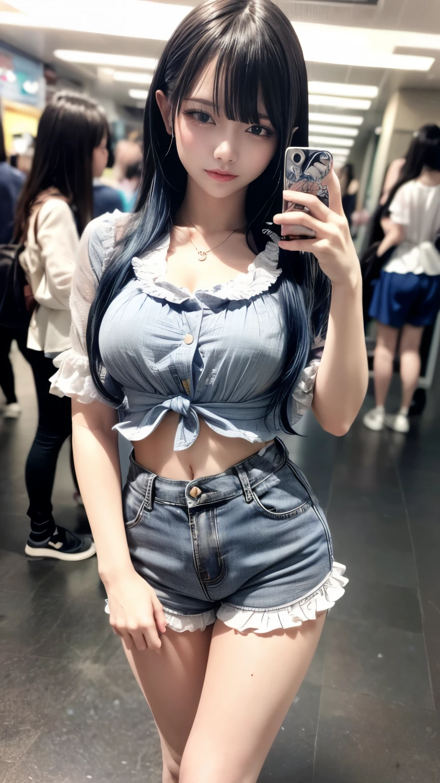 (Realistic、Like a photograph、Live Action、8k, Realistic, RAW Photos, Best image quality: 1.4), Single-lens reflex camera、RAW Photos, highest quality, Realistic, Highly detailed CG Unity 8k wallpaper, Written boundary depth, Cinematic Light, Lens flare, Ray Tracing, Realistic background、A landmine girl waiting for someone、((Wearing a blue blouse:1.4)、((She is wearing grey frilly shorts:1.1)、Big Breasts))、((ultra high density skin))、 1 female,cute Japanese、Standing in front of the station, waiting for someone while looking at his smartphone、The whole body is visible:1.5、Wear sneakers:1.1、Long Hair:1.2、Blue inner color hair、stylish ambiance、Very detailed and perfect costume、(White skin)、Precise and beautiful legs:1.1、View from the front、Field