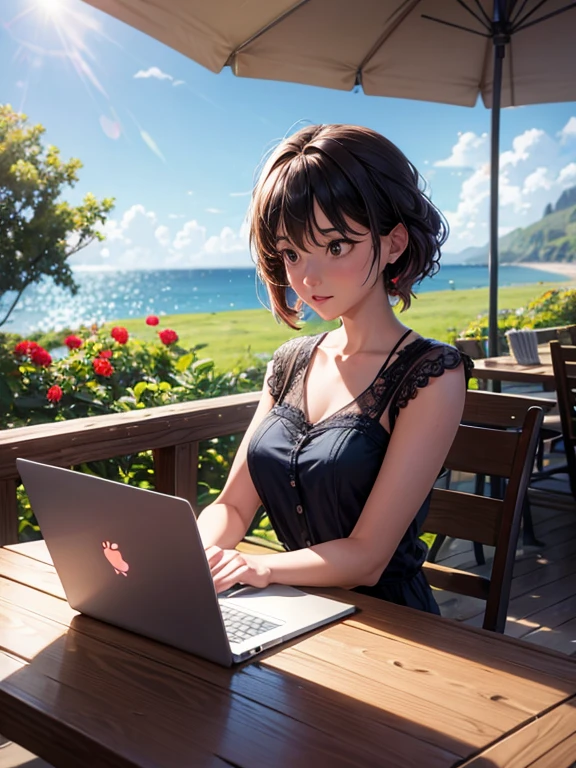 Pixar, 4k, there is a woman sitting at a table with a laptop, woman's face looking away from the camera, distant considerado look, profundamente em pensamento, pensativo and hopeful expression, pensativo, considerado, looking away from the camera, pensativo expression, considerado expression, perdido nos pensamentos, foto de uma mulher, perfil de mulher, considerado ), looking to the side of the camera