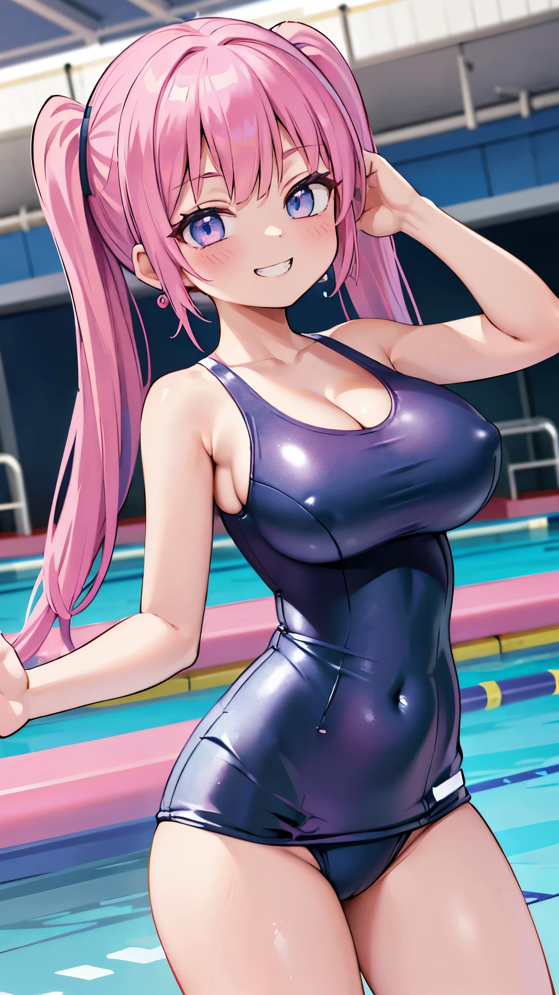 (masterpiece、highest quality、Super detailed)、((One girl))、((Pink Hair))、((Twin tails))、((Light blue eyes))、evil smile、((Grin))、Earrings、((Very large breasts))、((one-piece swimsuit))、cleavage、Cowboy Shot、Pool Background