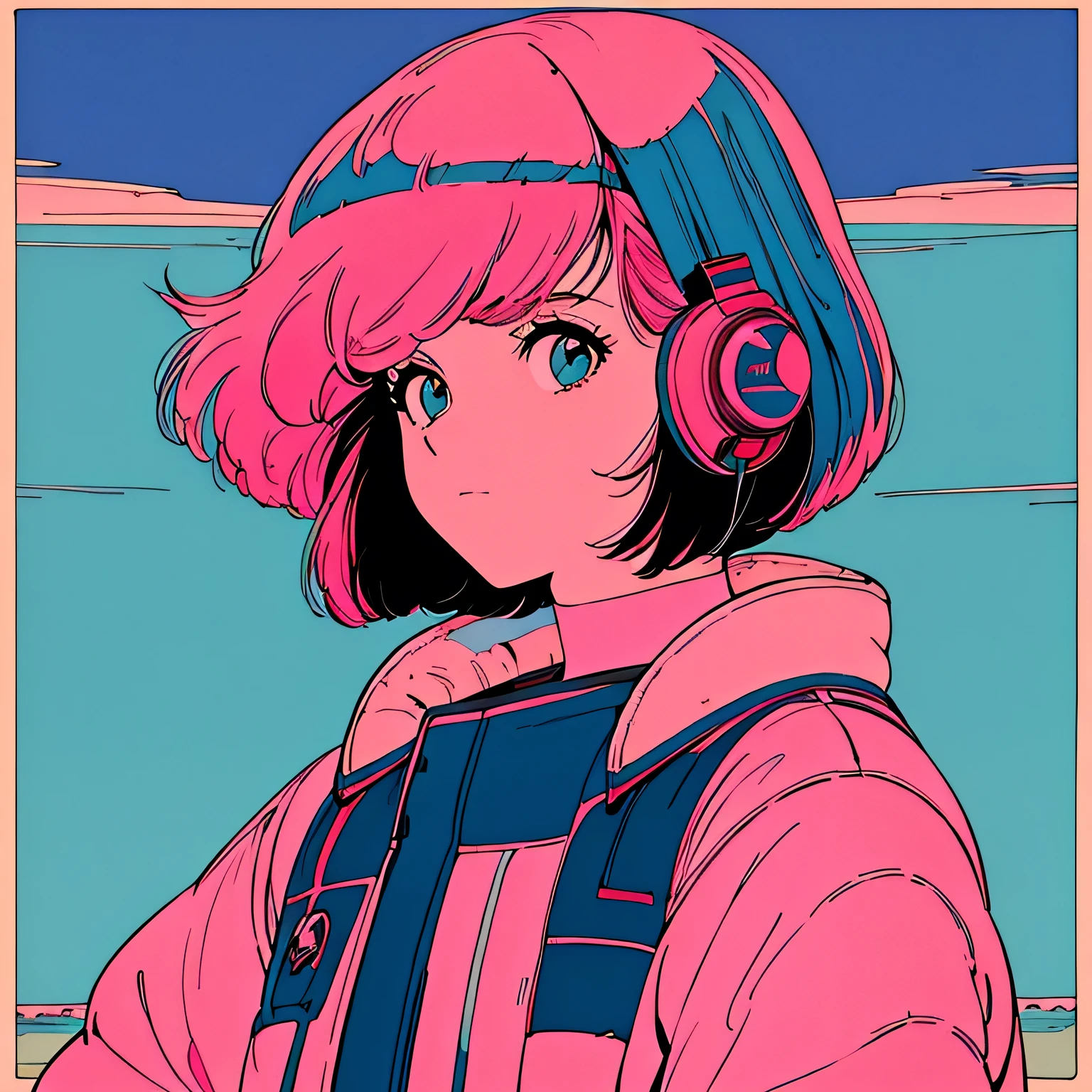 Pink hair to the shoulders, fluffy bob cut, Wearing headphones, Futuristic yet lo-fi, Retro, masterpiece, (( Side Shot)),Outside the spacecraft, You can see the Earth, (( look up )), Chillout, 