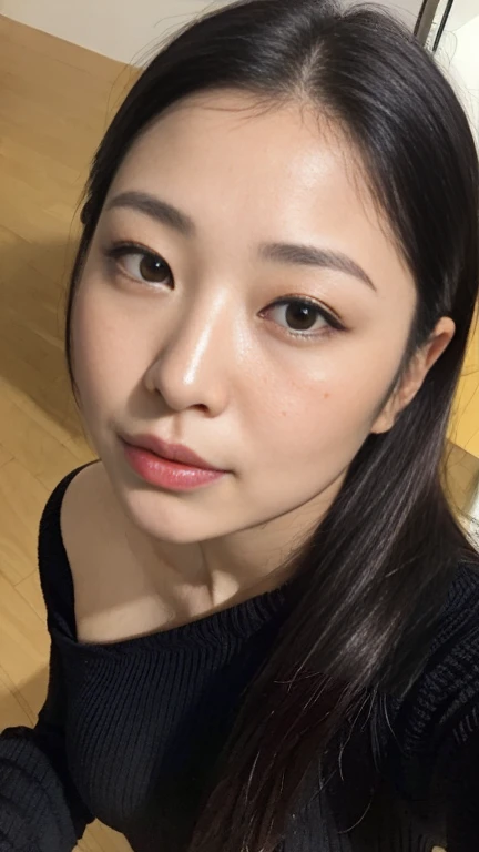 highest quality,masterpiece,Ultra-high resolution,(Realistic:1.4),Beautiful lighting, (Highly detailed CG Unity 8k wallpaper), Beautiful face in every detail,Detailed clothing, 50mm portrait photography, One Girl,Big black eyes, cute, young, Temporarily stop, Facial lighting, Physically Based Rendering,Written boundary depth , Black Hair, Mole under the eye,(Serious face), ((Take from above)), (Please open your mouth wide),Japanese women、20-year-old、Knitted sweater、Large Breasts、Young and beautiful woman taking a selfie, Taken with iPhone camera