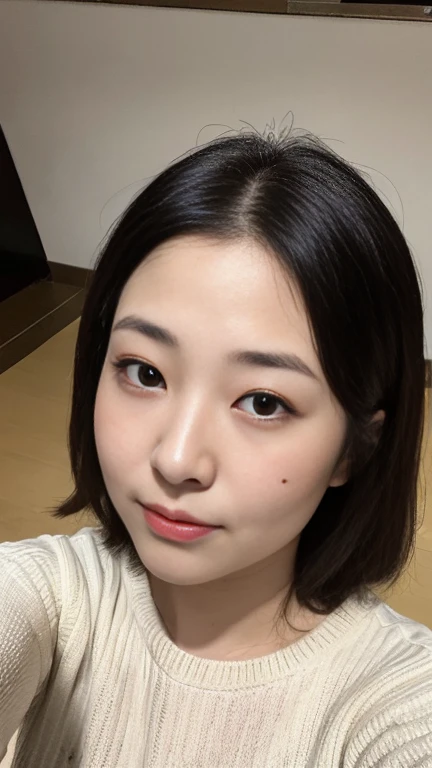 highest quality,masterpiece,Ultra-high resolution,(Realistic:1.4),Beautiful lighting, (Highly detailed CG Unity 8k wallpaper), Beautiful face in every detail,Detailed clothing, 50mm portrait photography, One Girl,Big black eyes, cute, young, Temporarily stop, Facial lighting, Physically Based Rendering,Written boundary depth , Black Hair, Mole under the eye,(Serious face), ((Take from above)), (Please open your mouth wide),Japanese women、20-year-old、Knitted sweater、Large Breasts、Young and beautiful woman taking a selfie, Taken with iPhone camera