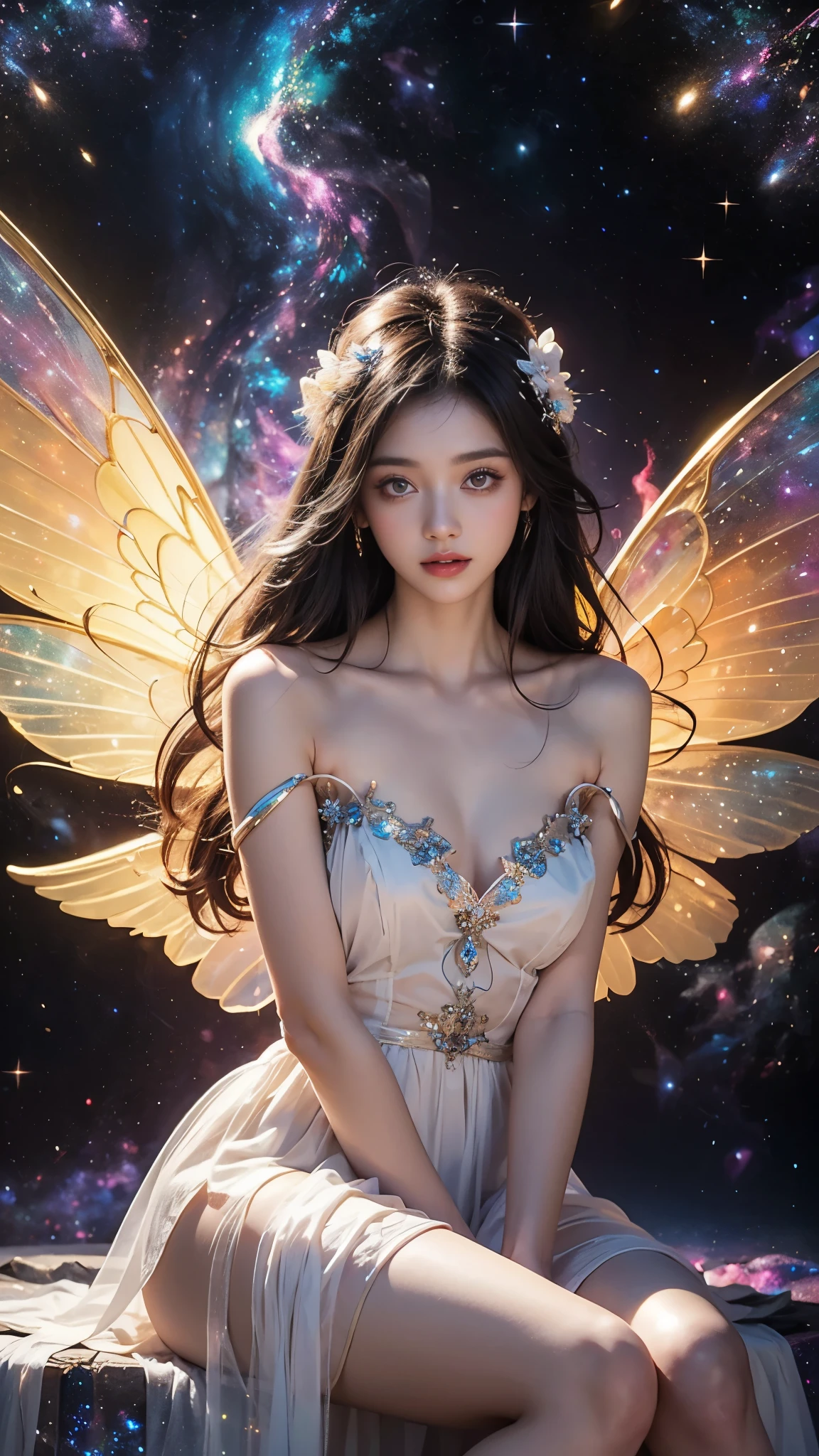 Bare shoulders, short hemlines, 4k ultra hd, masterpiece, a girl, good face, detailed eyes, detailed lips, flower fairy girl, big wings, transparent wings, neon lights, (galaxy background:1.5), in the heaven, sitting on the unicon,