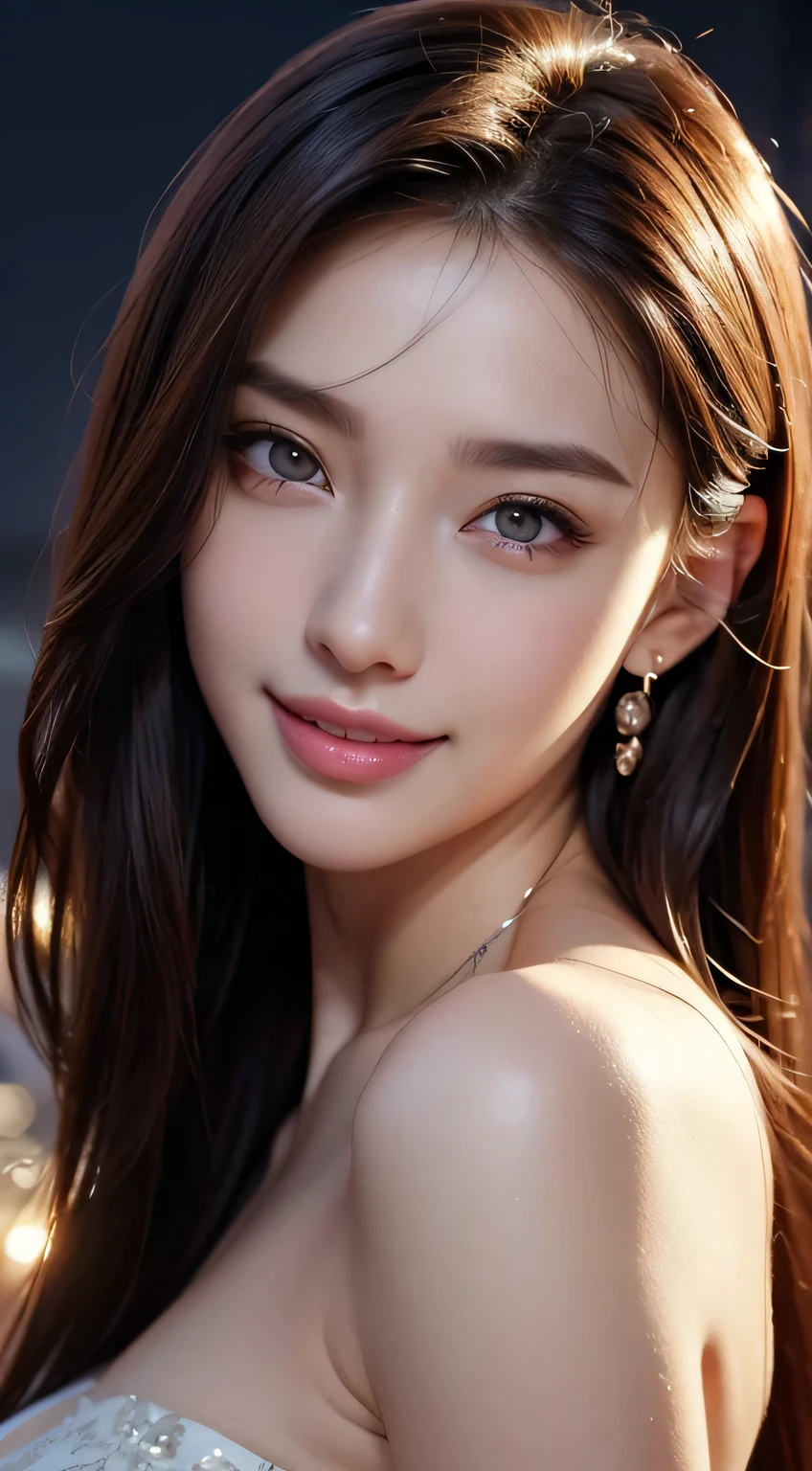 Body portrait, 8K, thin and beautiful eyes, Dindal effect, masterpiece, top quality, high quality, high resolution, very detailed photo, (natural skin texture, fine skin, hyper realism, super sharpness), high detail skin, (very fine, fine skin texture, intricate details, beautiful face, (realistic face), realistic eyes, beautifully detailed eyes, realistic skin, beautiful skin, surreal, very detailed Golden ratio, smiling eyes, ((night moonlight background) )), body portrait, G cup, big breasts, huge breasts, big breasts, glamorous, sexy knit dress,