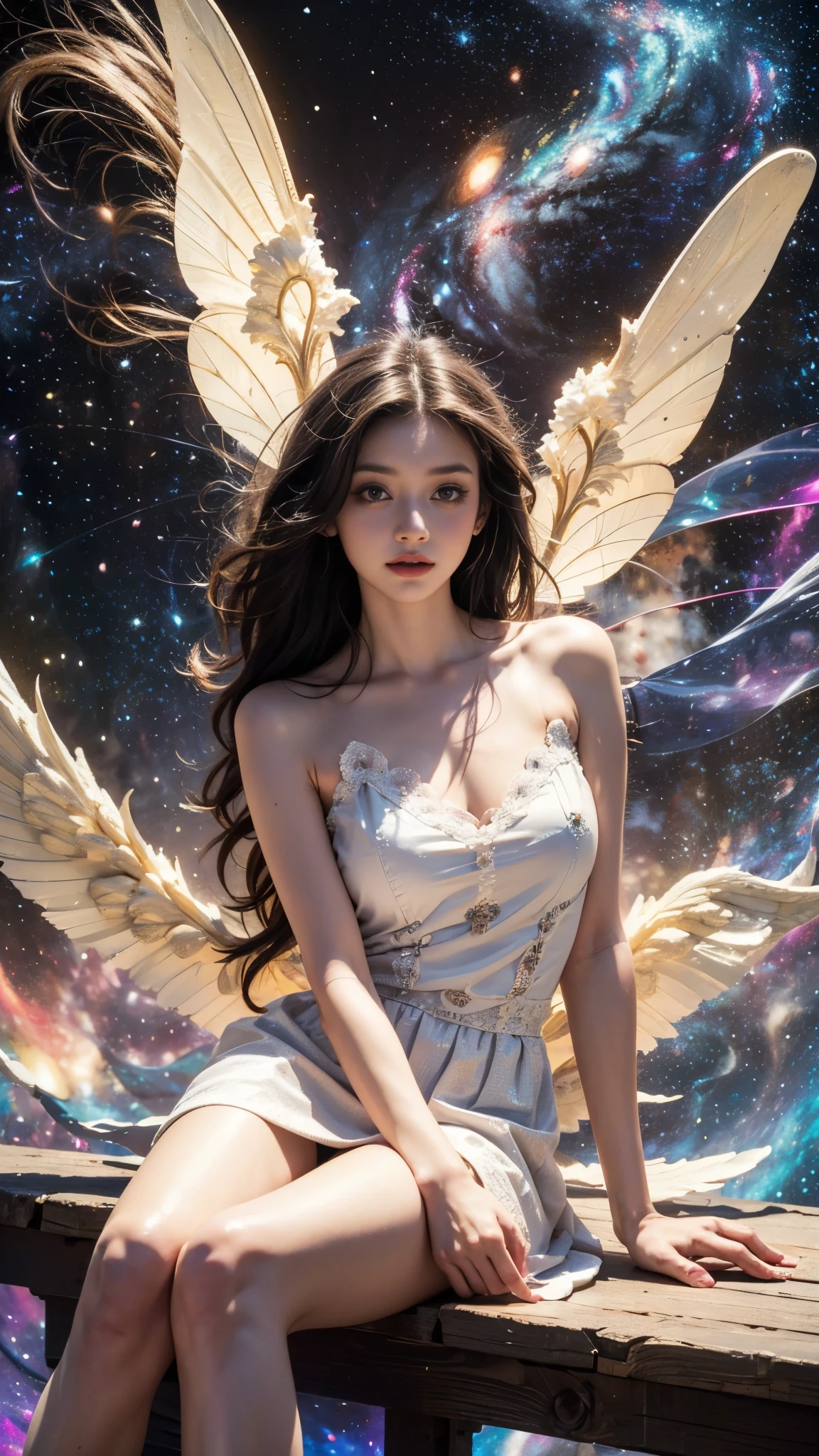 Bare shoulders, short hemlines, 4k ultra hd, masterpiece, a girl, good face, detailed eyes, detailed lips, flower fairy girl, big wings, transparent wings, neon lights, (galaxy background:1.5), in the heaven, sitting on the unicon,