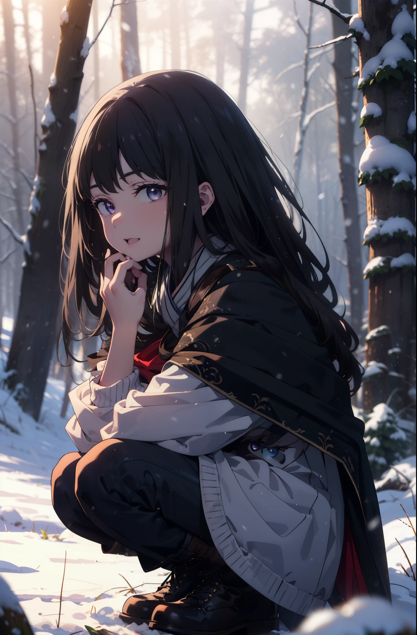 Takiuchi, Inoue Check, Long Hair, bangs, Black Hair, (Purple eyes:1.2),smile,
Open your mouth,snow,Bonfire, Outdoor, boots, snowing, From the side, wood, suitcase, Cape, Blurred, forest, nature, Squat, Cape, winter, Written boundary depth, Black shoes, blue Cape break looking at viewer, Upper Body, whole body, break Outdoor, forest, nature, break (masterpiece:1.2), highest quality, High resolution, unity 8k wallpaper, (shape:0.8), (Beautiful and beautiful eyes:1.6), Highly detailed face, Perfect lighting, Highly detailed CG, (Perfect hands, Perfect Anatomy),