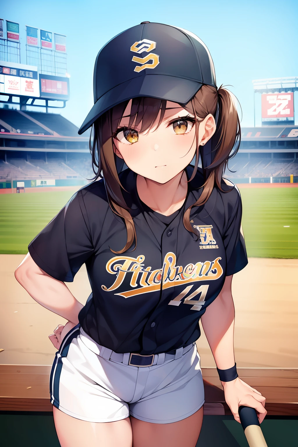 Masterpiece, Titan of the Diamond, ((Best Quality)), Stance of Victory, Uniformed in Stripes, Koshien Stadium's Sea of Fans, Left-Handed Batter, Hanshin Tigers' Emblem, ((Highest Quality)), Epic Moment of Glory.

A Female Professional Baseball Player, embodying the spirit of the Hanshin Tigers, stands resolute in the batter's box at the hallowed Koshien Stadium, bat poised to strike a left-handed blow. With the crowd roaring and the stadium packed to the brim, she is the epitome of focus and determination. Clad in a uniform adorn