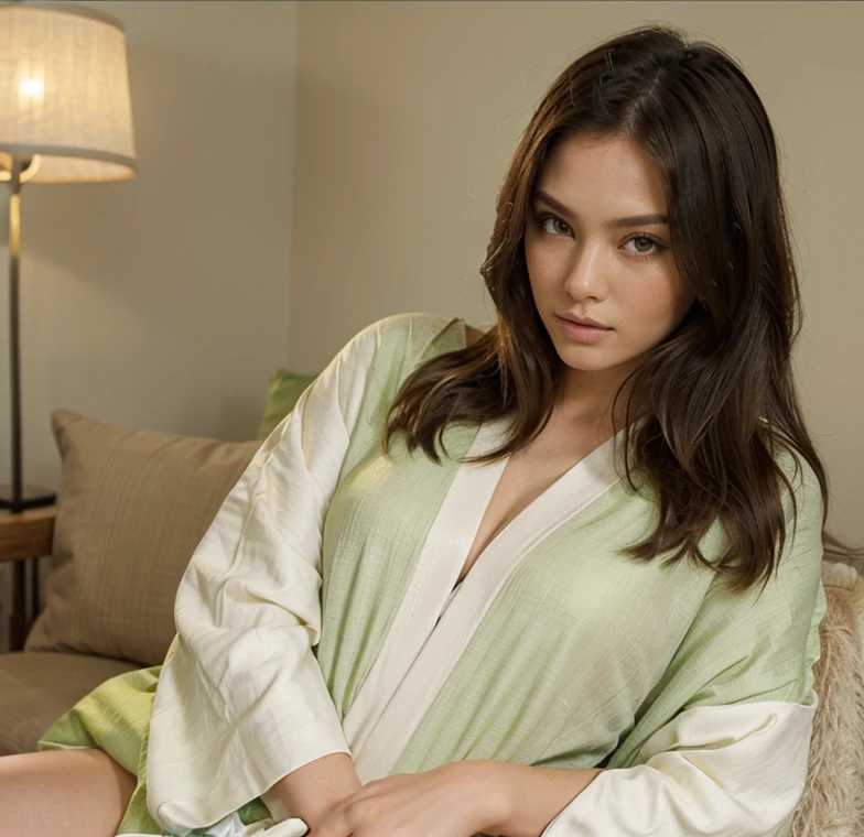 Female supermodel. Green Kimono. Bamboo. White floor cushions. Soft lighting. Living room. Close-up.