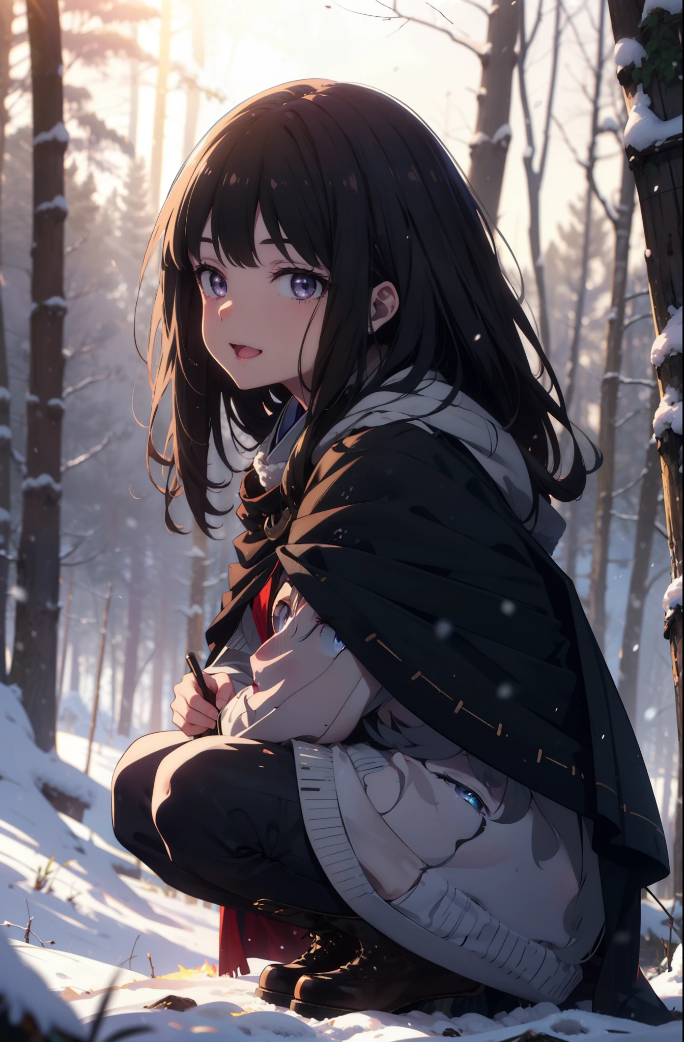 Takiuchi, Inoue Check, Long Hair, bangs, Black Hair, (Purple eyes:1.2),smile,
Open your mouth,snow,Bonfire, Outdoor, boots, snowing, From the side, wood, suitcase, Cape, Blurred, forest,  nature, Squat,  Cape, winter, Written boundary depth, Black shoes, blue Cape break looking at viewer, Upper Body, whole body, break Outdoor, forest, nature, break (masterpiece:1.2), highest quality, High resolution, unity 8k wallpaper, (shape:0.8), (Beautiful and beautiful eyes:1.6), Highly detailed face, Perfect lighting, Highly detailed CG, (Perfect hands, Perfect Anatomy),
