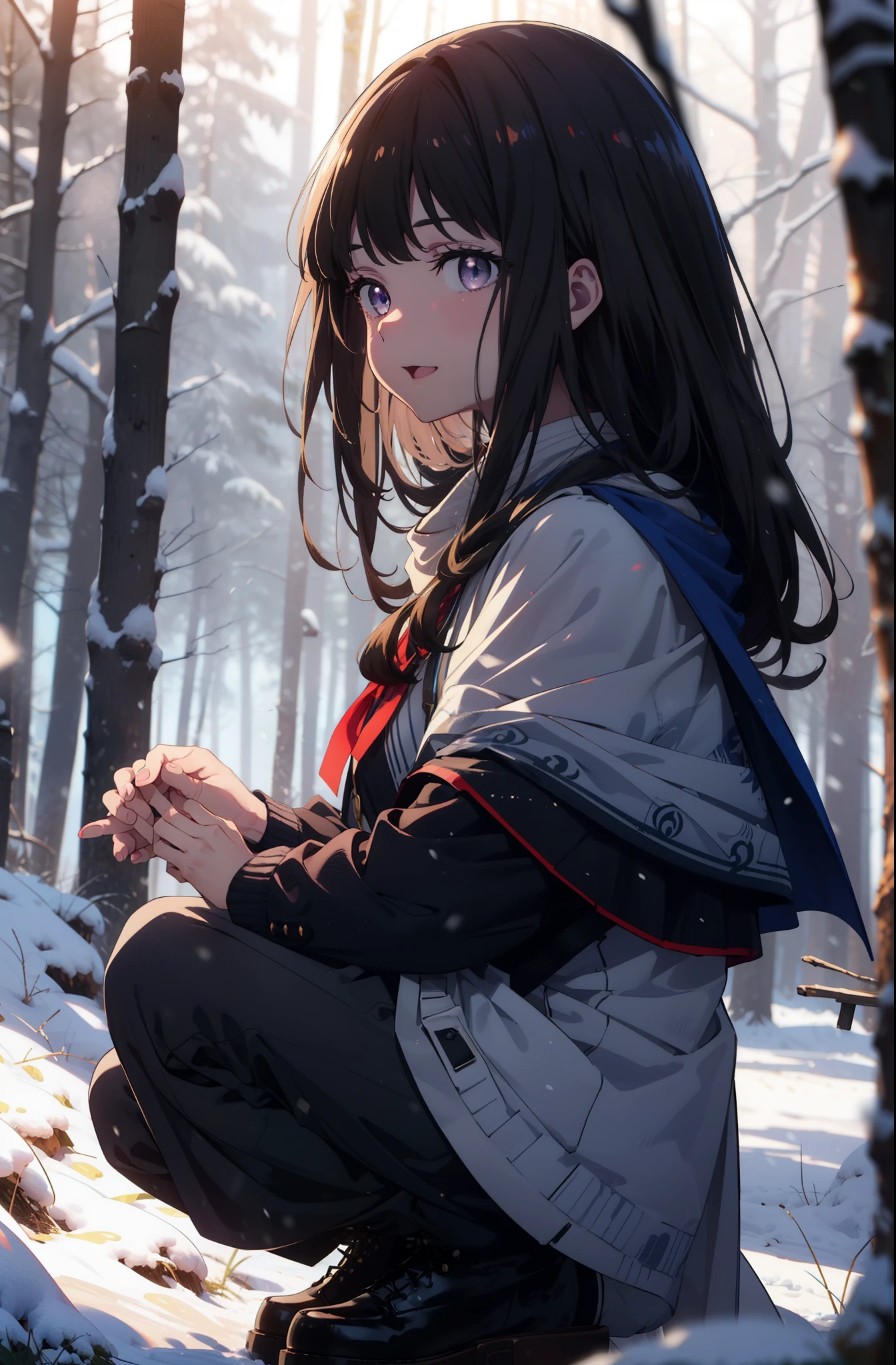 Takiuchi, Inoue Check, Long Hair, bangs, Black Hair, (Purple eyes:1.2),smile,
Open your mouth,snow,Bonfire, Outdoor, boots, snowing, From the side, wood, suitcase, Cape, Blurred, forest, nature, Squat, Cape, winter, Written boundary depth, Black shoes, blue Cape break looking at viewer, Upper Body, whole body, break Outdoor, forest, nature, break (masterpiece:1.2), highest quality, High resolution, unity 8k wallpaper, (shape:0.8), (Beautiful and beautiful eyes:1.6), Highly detailed face, Perfect lighting, Highly detailed CG, (Perfect hands, Perfect Anatomy),