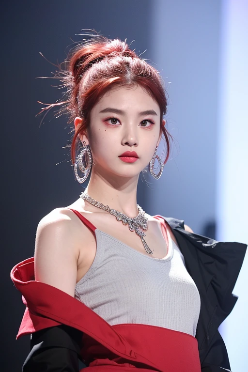 (very detailed body、very detailed face、Best quality:1.2)、FEMALES、I look at the audience、((Wine red gradient hair color、Bright silver shoulder-length earrings.、necklace、bracelet、Clothes with strong blue contrast, White and black、Asymmetrical clothing、Одежда Fusion Show Fantastico)、