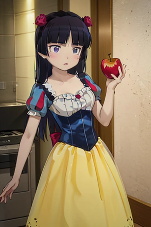 ((masterpiece, highest quality, Very detailed)), (ruri gokou), Hime cut, Long Hair, Blunt bangs, Black Hair,Dramatic lighting, (Grab a poisonous green poison apple), detailed dress, snow white, red bow, yellow skirt, tight blue corset, yellow dress,