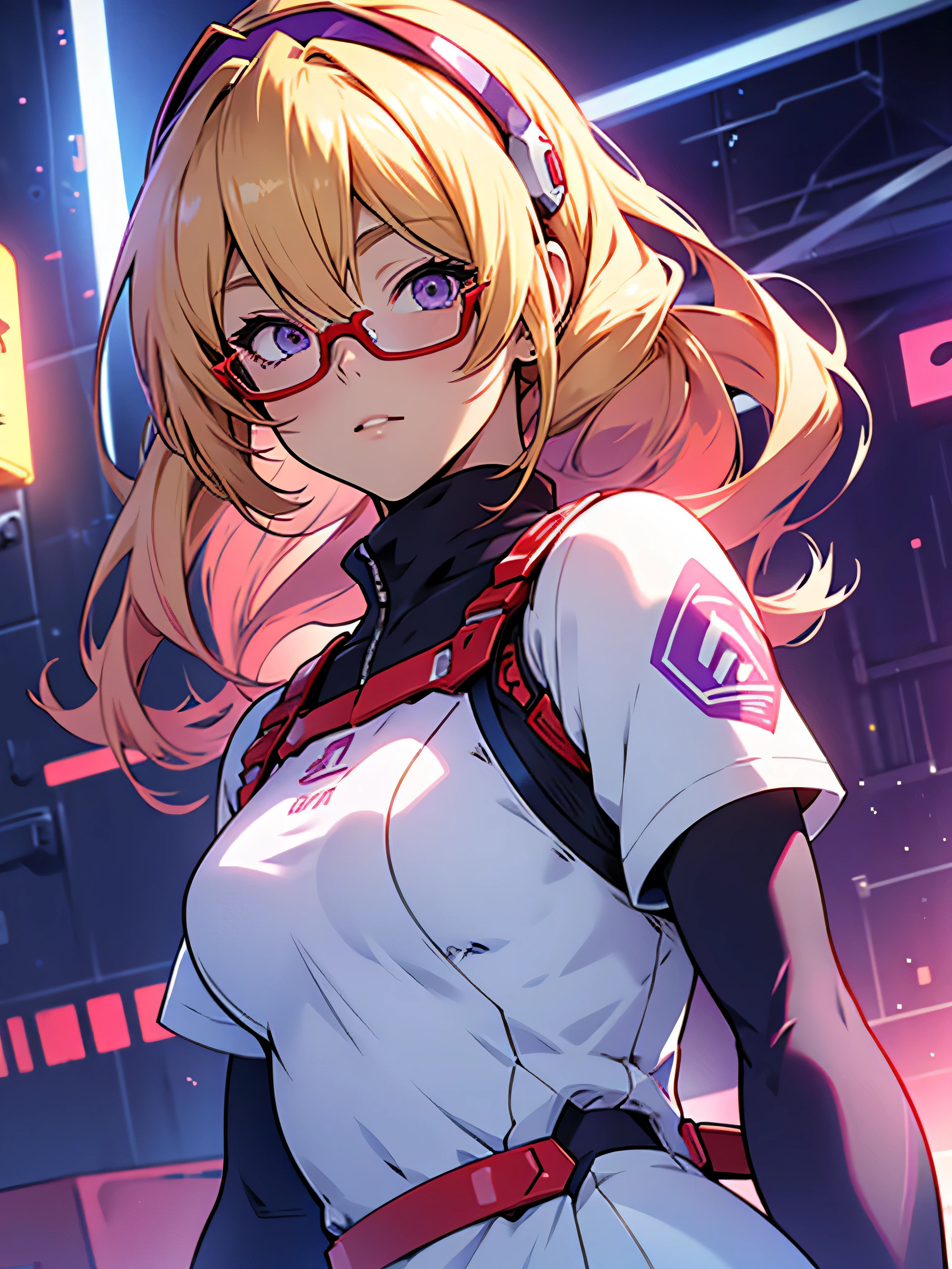 anime,An illustration,purple robot,Mobile Suit,Dom,Light blue check dress,Red glasses,Blonde,Light blue mesh hair,beautiful girl,Sora Sakurano,one person