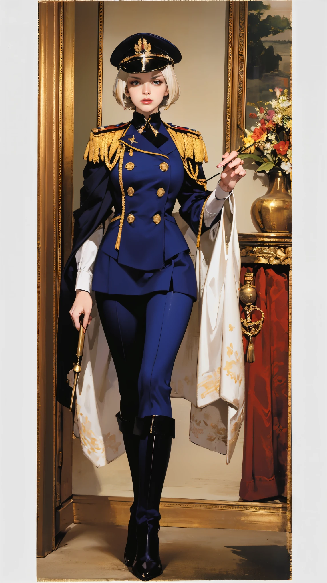 (Best quality, 4K, high resolution, masterpiece, ultra-detailed, realistic anatomy, photo-realistic:1.37), alluring young woman, princess, high-ranking military officer, (wearing Prussian style regal uniform), (dark purple double-breasted jacket adorned with medals), (matching breeches), (matching shoulder cape), Prussian field marshal cap, black stocking, long heel boots, platinum blonde hair, elegantly styled in a chignon bun, standing elegantly while holding the Field Marshal's baton, This full-body portrait captures her ethereal beauty presence and power, with sharp focus on her uniform's intricate details, her numerous medals, and her intense gaze, The image evokes an aura of experience, discipline, and supreme authority, set against an impressive military base backdrop,