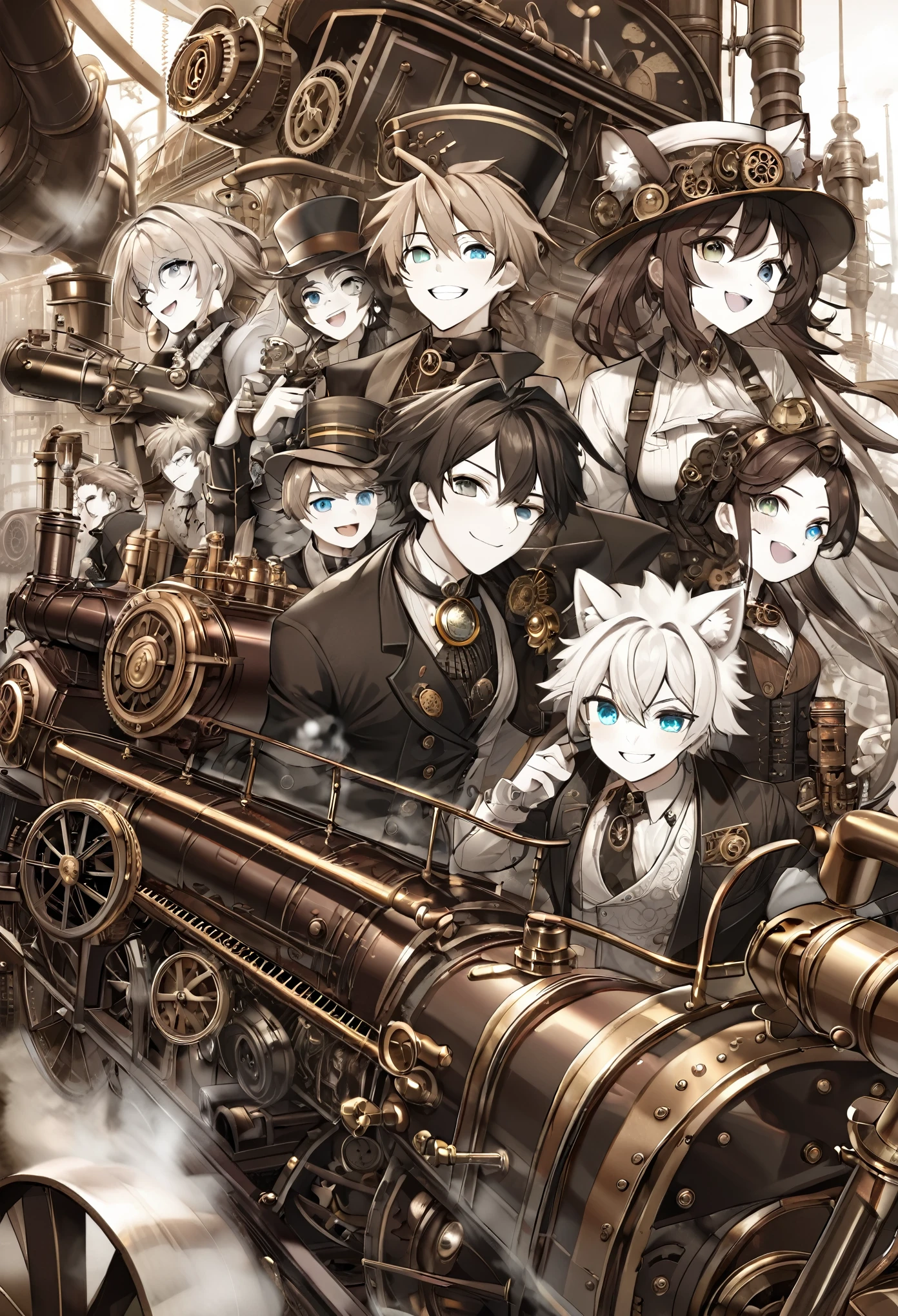 dynamic angle, top quality, best quality, High-quality illustrations, masterpiece, super high resolution, detailed background, detailed backgroundsteampunk, Steam engines, gear wheel, group shot:0.1, 6+boys, 6+girls, Happy, joyful, absurdres(highly detailed beautiful face and eyes)perfect anatomy(kemono, furry anthro),