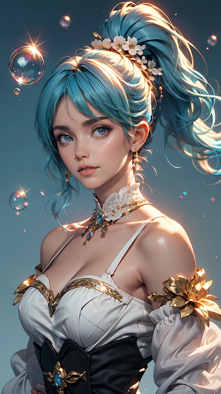 (masterpiece), (highest quality), (Super detailed),(Dish-shaped hair),(figure), (One girl), (Fashionable clothes), Are standing, Fashion Model, View Viewer, (interview), (Simple Background), Beautiful and delicate eyes, delicate beauty, floating, (High saturation), (Colorful Splash), Colorful bubbles, (Shine), Focus on the face, ponytail, Ayaka Kamisato, Light blue hair, bangs, Hair Circle, floating flowers, Flowing Hair, (Shiny), Best lighting, Best Shadow, whole body, Overlooking