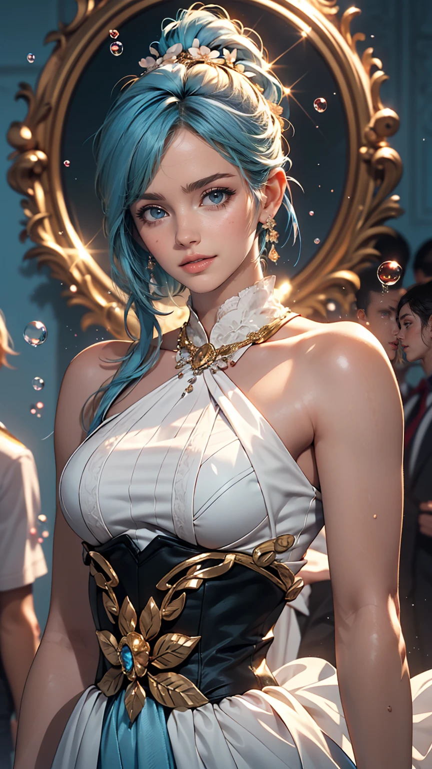 (masterpiece), (highest quality), (Super detailed),(Dish-shaped hair),(figure), (One girl), (Fashionable clothes), Are standing, Fashion Model, View Viewer, (interview), (Simple Background), Beautiful and delicate eyes, delicate beauty, floating, (High saturation), (Colorful Splash), Colorful bubbles, (Shine), Focus on the face, ponytail, Ayaka Kamisato, Light blue hair, bangs, Hair Circle, floating flowers, Flowing Hair, (Shiny), Best lighting, Best Shadow, whole body, Overlooking