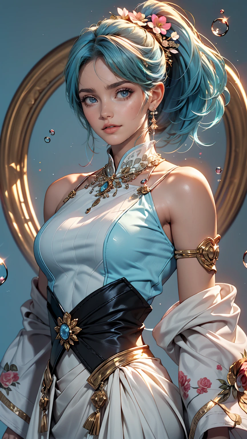 (masterpiece), (highest quality), (Super detailed),(Dish-shaped hair),(figure), (One girl), (Fashionable clothes), Are standing, Fashion Model, View Viewer, (interview), (Simple Background), Beautiful and delicate eyes, delicate beauty, floating, (High saturation), (Colorful Splash), Colorful bubbles, (Shine), Focus on the face, ponytail, Ayaka Kamisato, Light blue hair, bangs, Hair Circle, floating flowers, Flowing Hair, (Shiny), Best lighting, Best Shadow, whole body, Overlooking