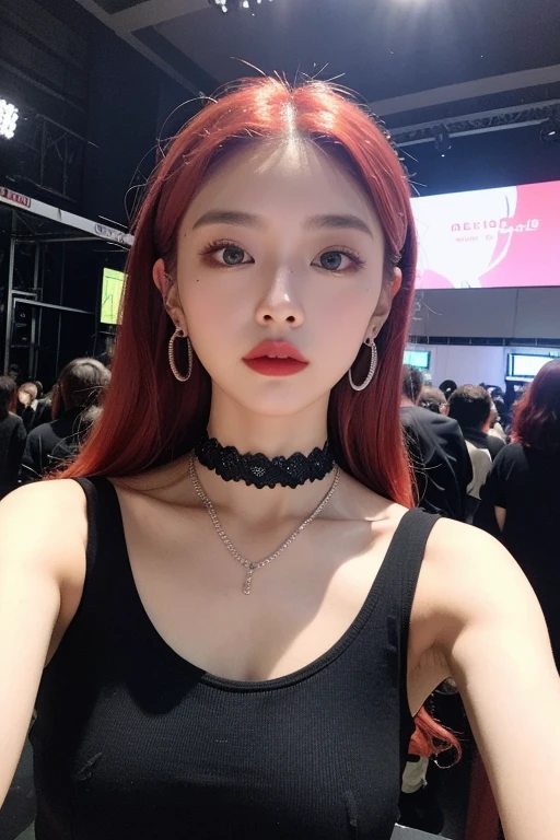 (very detailed body、very detailed face、Best quality:1.2)、FEMALES、I look at the audience、((Wine red gradient hair color、Bright silver shoulder-length earrings.、necklace、bracelet、Clothes with strong blue contrast, White and black、Asymmetrical clothing、Одежда Fusion Show Fantastico)、photo for Instagram, selfie, realistically, photo at night, realistically фото 
