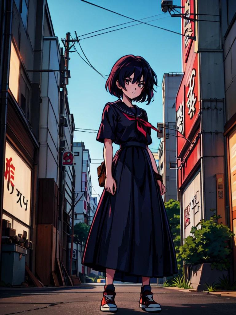 (perfect composition),anime character Sukeban delinquent girl  standing on a city street corner in black seifuku with black very long skirt, anime style. 8k, anime style mixed with fujifilm, retro anime girl, anime styled digital art, in tokyo, anime style illustration, anime style 4 k, anime style artwork, anime poster film still portrait, tokyo anime scene, modern anime style, anime style digital art, short hair, 26year old, red converse,