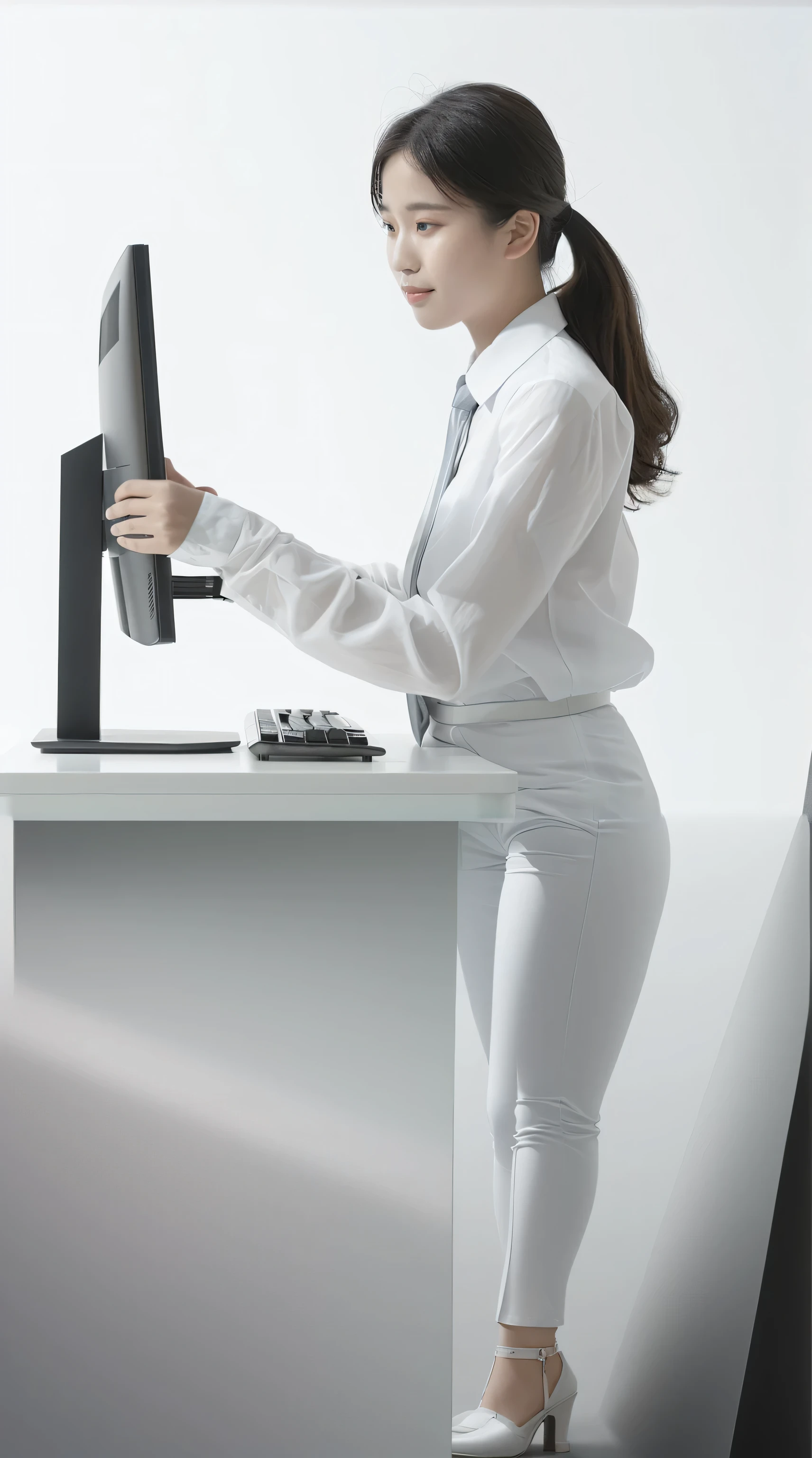 An Asian woman,Standing in front of the monitor screen,Wearing white pants and a white top,White high heels