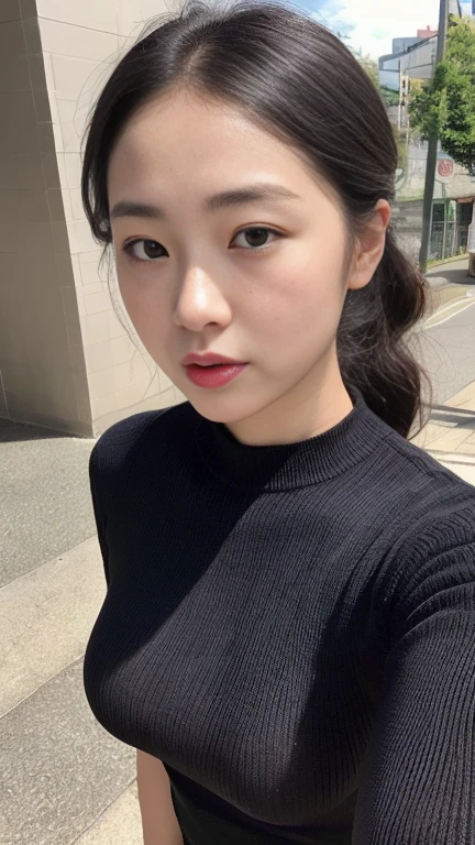 highest quality,masterpiece,Ultra-high resolution,(Realistic:1.4),Beautiful lighting, (Highly detailed CG Unity 8k wallpaper), Beautiful face in every detail,Detailed clothing, 50mm portrait photography, One Girl,Big black eyes, cute, young, Temporarily stop, Facial lighting, Physically Based Rendering,Written boundary depth , Black Hair, ponytail,(Serious face), ((Take from above)), (Please open your mouth wide),Japanese women、20-year-old、Knitted sweater、Large Breasts、(Upper Body)、Young and beautiful woman taking a selfie, Taken with iPhone camera
