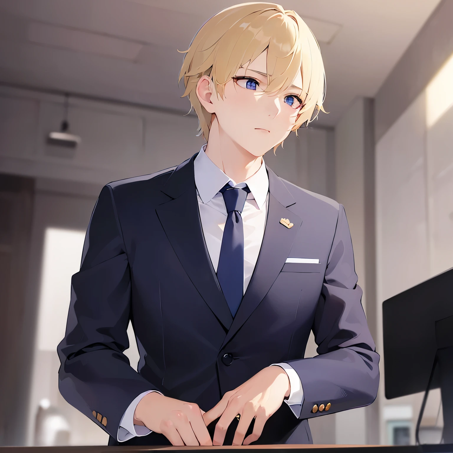 upper body、shiny skin, (looking away:1.5)、masterpiece、highest quality、(25-year-old male:1.5) and (Blonde short hair) and (Brown eyes) and (jitome:1.2), (Wearing a suit:1.3) and (Blue tie)、Are standing、Expressionless、The background is the office、(Alone:1.5)、Upper body is shown、