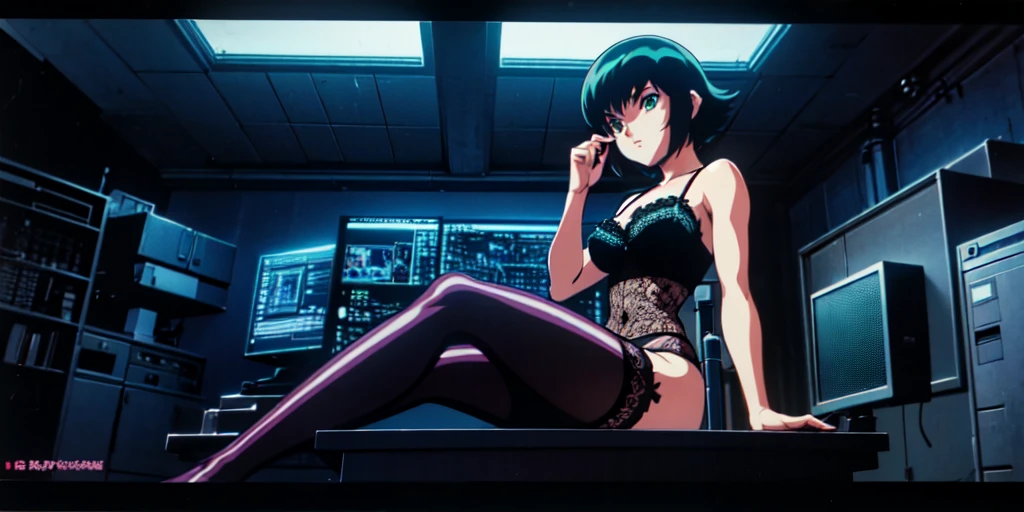 (perfect composition), (high resolution, masterpiece, ultra best quality, insanely amazing hyper fine extremely detailed, official:1.4)( full body, 80's horny milf hacker anime girl in lingerie sitting at a desk with a vintage computer, seductive hacker anime girl in lingerie, retro cyberpunk anime, 80's cyberpunk anime girl in lingerie, digital cyberpunk anime!!, best anime 4k konachan wallpaper, (anime girl with green teal short hair), 90's anime style in 4 k, mega man legend art ,black latex lingerie, black lace lingerie, 80's, multiple old computer , inspired by serial experiments lain room,  high degree electronic laboratory, lots of old computer hardware, surrounded by old computer screen, a lots of cable wires, octane rendering, colorful contrast, unadorned, dark computer room, night, betterHands 