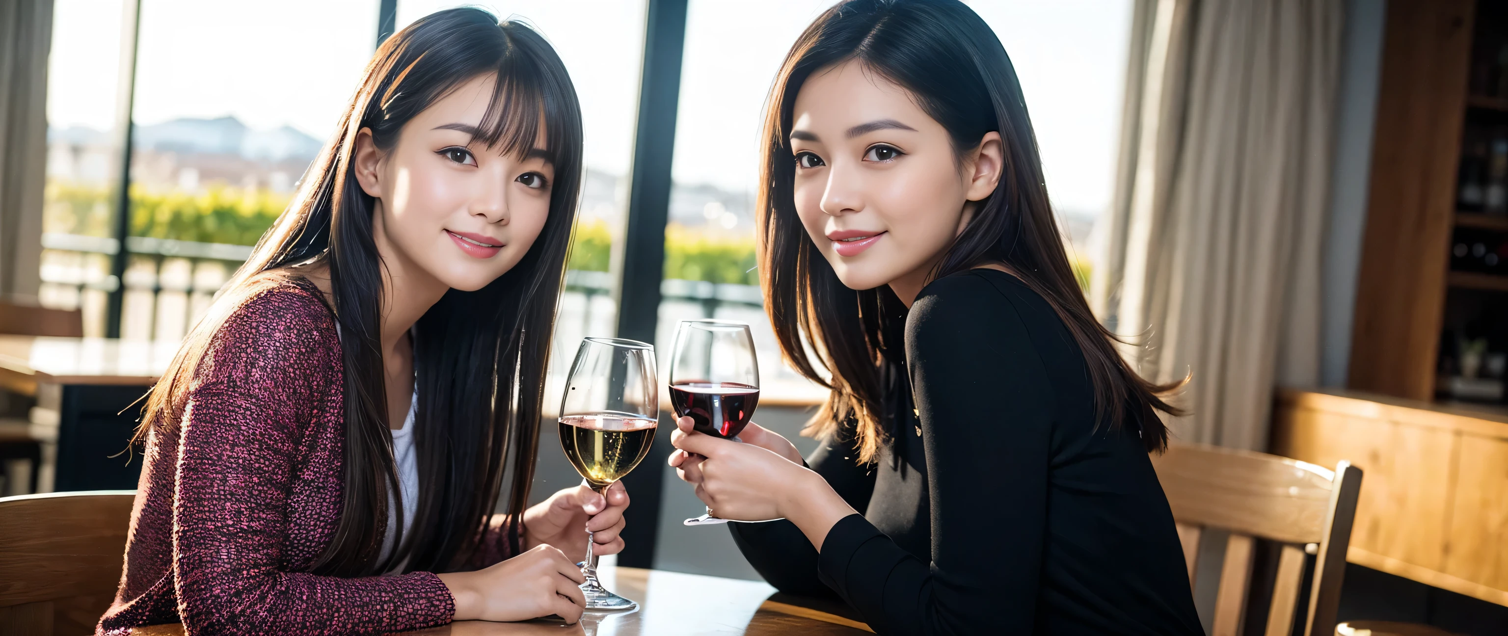 ((highest quality、8k、masterpiece:1.3))、Two beautiful women、Slim body、((Bob Hale、Straight hair:1.2))、(to be born, highest quality, masterpiece:1.5), (Realistic, Intricate details:1.2), Wine glass on the table、Put the light on your face、 Amazing view of the sunset sky and clouds、Amazing mountain views、A bright smile、A lovely woman with a smile、Bright image、2. The beauty of wine, Beautiful Face, blue eyes, The light shines on your face, Blushing, short hair,Bright Face、Fox face、 (43 years old), 39 years old, Lady、red wine 、Appetizers、Italian food、Wine bottle、Champagne、sparkling wine、Two beauties、Brown Hair、Shortcuts、Long sleeve shirt、dress、Pretty Woman 1, (Slim face), (The body is slim), (Brown Hair), (Shortcuts), cheeks turn a little red,Attractive beauty、, Out of the window, A beautiful and detailed night view unfolds.........., restaurant, In a prominent place (From the waist up) Nova Frog Style, actress, model, Upper Body, White wine, slim, wine glass, A wine glass placed in the middle, smile, (smile: 1.15), Beautiful fine grain, Depth f/2,saturation, High Contrast, Strong light and shadow,Moist Body:1.5、3D texture、Delicate eyes、Brown Hair、The hair is very shiny、