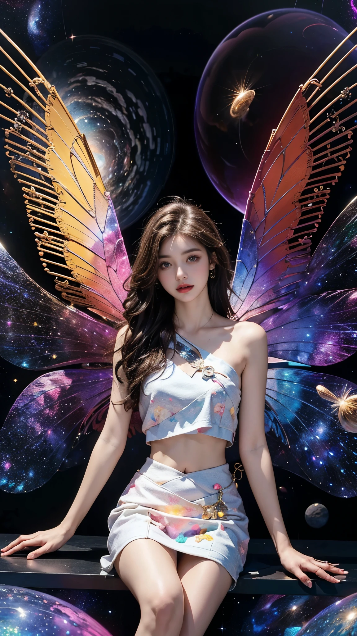 1girl，short skirt，Two piece fashionable outfit, Bare shoulders, short hemlines, 4k ultra hd, masterpiece, a girl, good face, detailed eyes, detailed lips, flower fairy girl, big wings, transparent wings, neon lights, (galaxy background:1.5), in the heaven, sitting on the unicon,