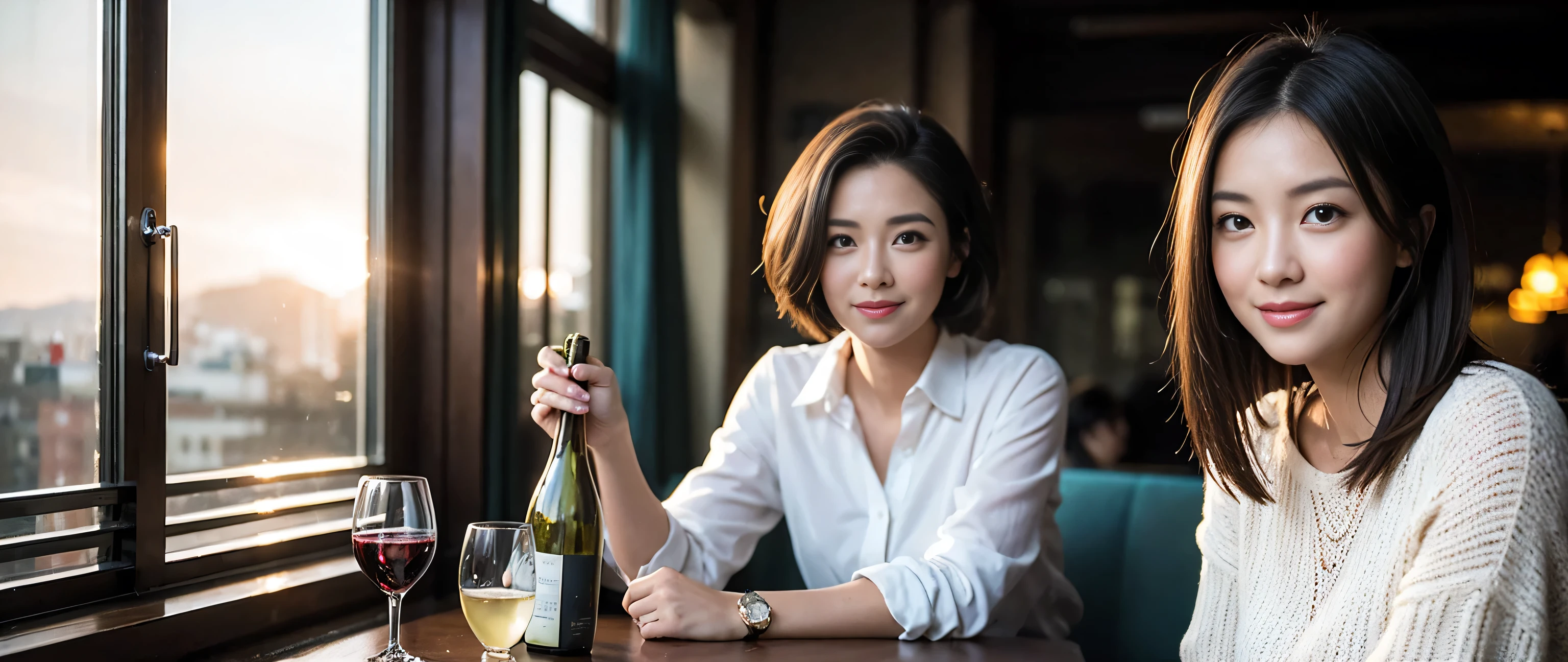 ((highest quality、8k、masterpiece:1.3))、Two beautiful women、Slim body、((Bob Hale、Straight hair:1.2))、(to be born, highest quality, masterpiece:1.5), (Realistic, Intricate details:1.2), Wine glass on the table、Put the light on your face、 Amazing view of the sunset sky and clouds、Amazing mountain views、A bright smile、A lovely woman with a smile、Bright image、2. The beauty of wine, Beautiful Face, blue eyes, The light shines on your face, Blushing, short hair,Bright Face、Fox face、 (43 years old), 39 years old, Lady、red wine 、Appetizers、Italian food、Wine bottle、Champagne、sparkling wine、Two beauties、Brown Hair、Shortcuts、Long sleeve shirt、dress、Pretty Woman 1, (Slim face), (The body is slim), (Brown Hair), (Shortcuts), cheeks turn a little red,Attractive beauty、, Out of the window, A beautiful and detailed night view unfolds.........., restaurant, In a prominent place (From the waist up) Nova Frog Style, actress, model, Upper Body, White wine, slim, wine glass, A wine glass placed in the middle, smile, (smile: 1.15), Beautiful fine grain, Depth f/2,saturation, High Contrast, Strong light and shadow,Moist Body:1.5、3D texture、Delicate eyes、Brown Hair、The hair is very shiny、