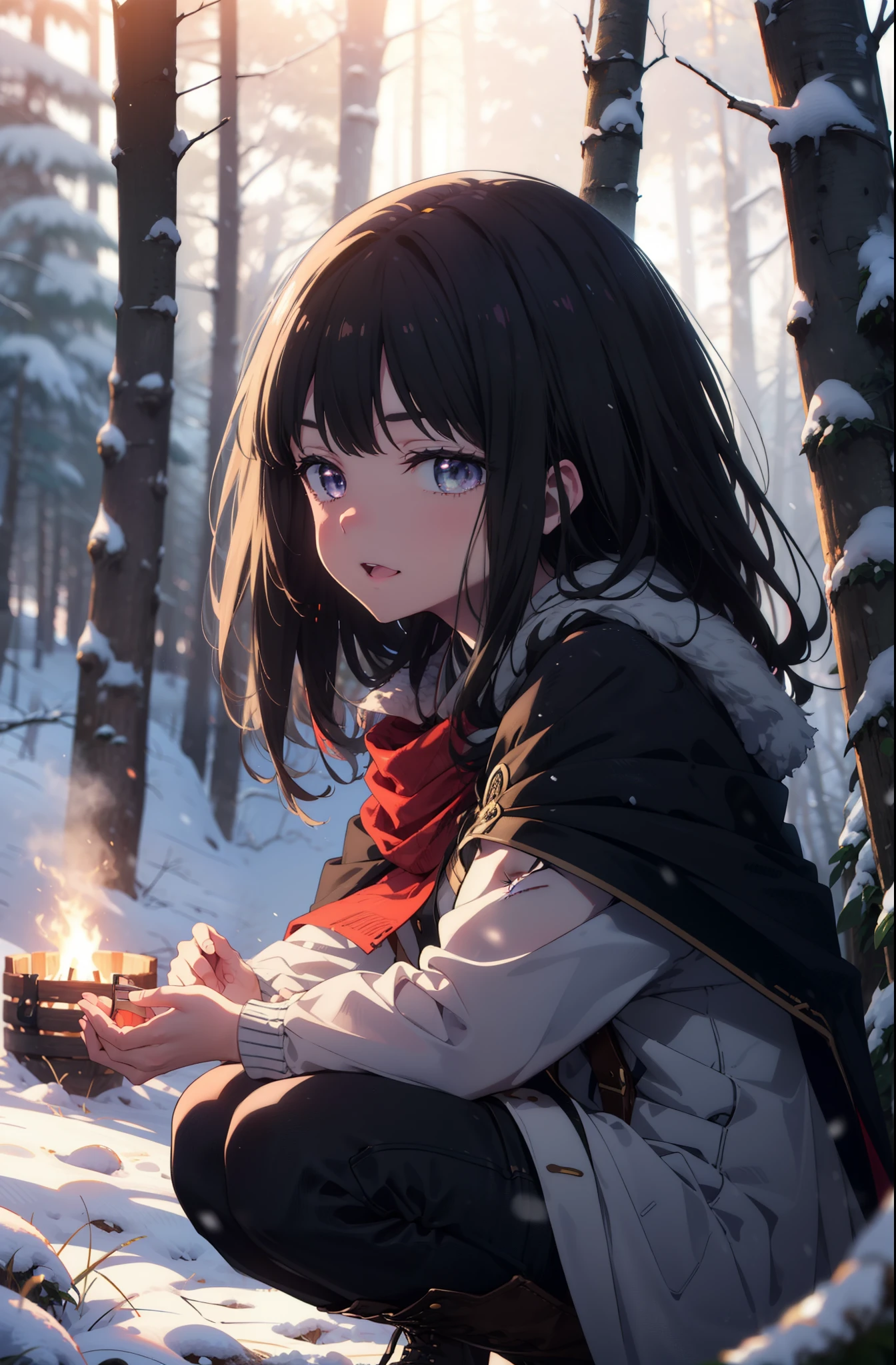 Takiuchi, Inoue Check, Long Hair, bangs, Black Hair, (Purple eyes:1.2),smile,
Open your mouth,snow,Bonfire, Outdoor, boots, snowing, From the side, wood, suitcase, Cape, Blurred, forest,  nature, Squat,  Cape, winter, Written boundary depth, Black shoes, blue Cape break looking at viewer, Upper Body, whole body, break Outdoor, forest, nature, break (masterpiece:1.2), highest quality, High resolution, unity 8k wallpaper, (shape:0.8), (Beautiful and beautiful eyes:1.6), Highly detailed face, Perfect lighting, Highly detailed CG, (Perfect hands, Perfect Anatomy),
