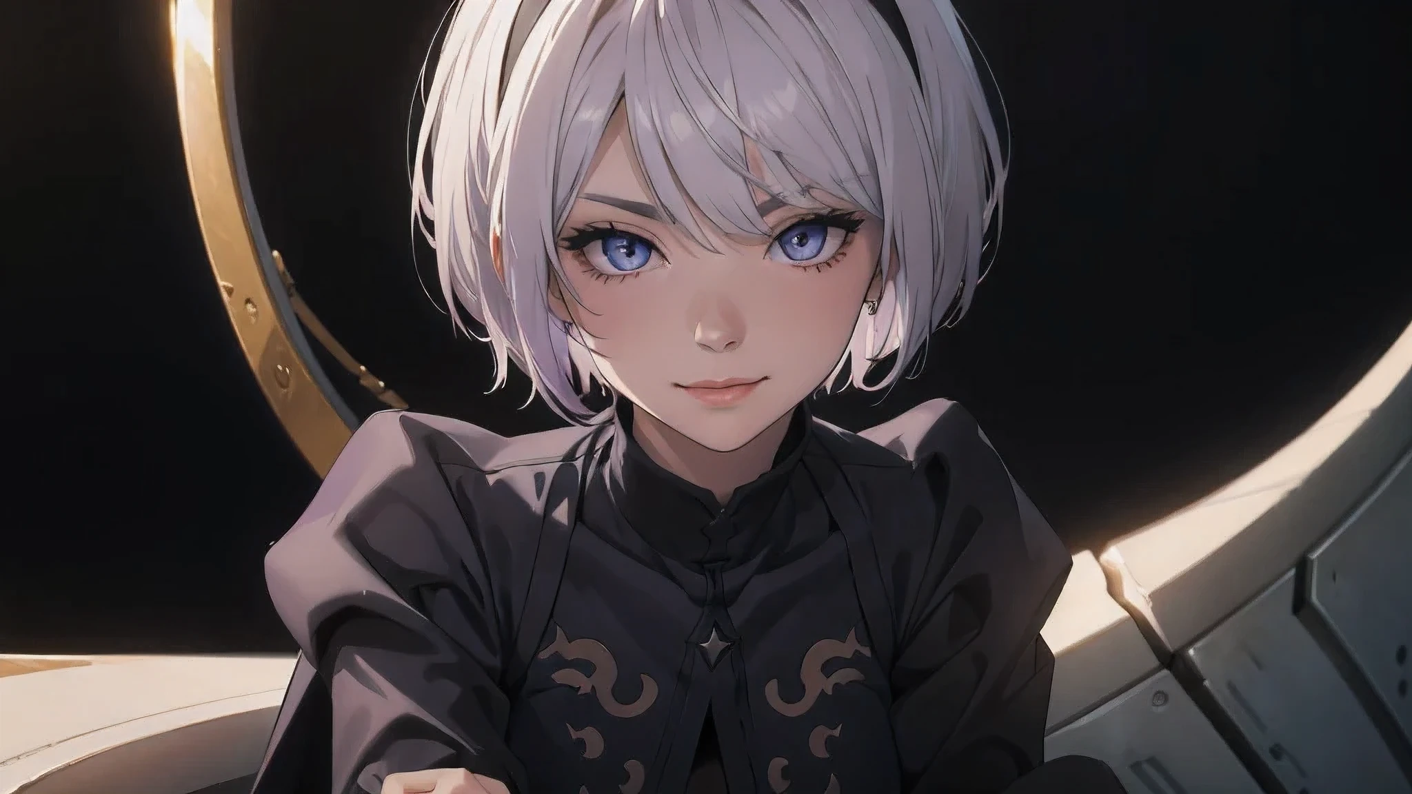 extremely detailed CG unity 8k wallpaper), (masterpiece), (best quality), (ultra-detailed), (best illustration), (best shadow), (absurdres) ,(detailed eyes), 2b, 1girl, short hair, purple hair, solo, Intimidating women, admiral uniform, night, sitting on the chair, pose, white clothes, General Uniform, Military Uniform, Sunlight, exposed to sunlight,commander, fighting pose, wearing cape, smiling