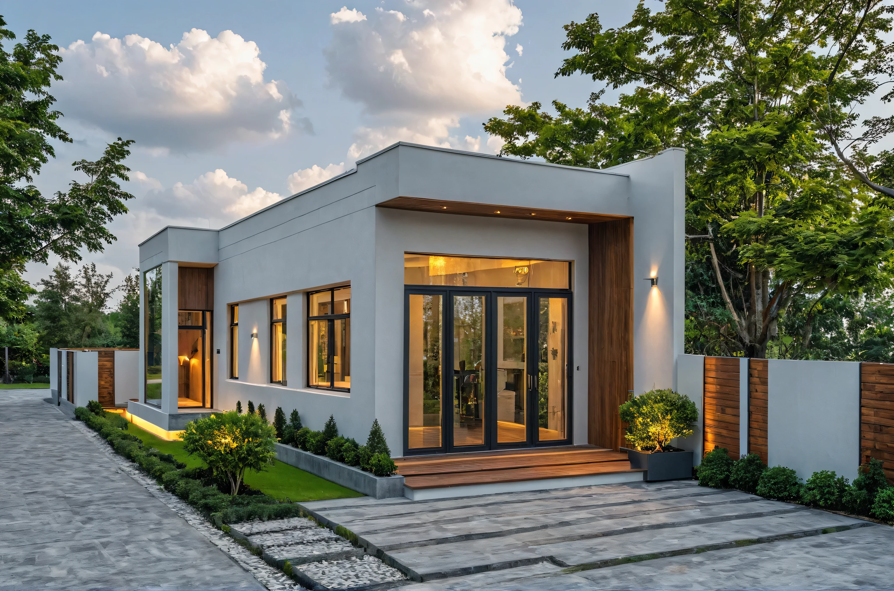 Masterpiece, high quality, best quality, authentic, super detail, outdoors, onestoreyvillaXL, aiaigroup, house style modern on the street ,stairs, white wall ,road,pavement, grass, trees, sky, cloud, (daylight:1.1)