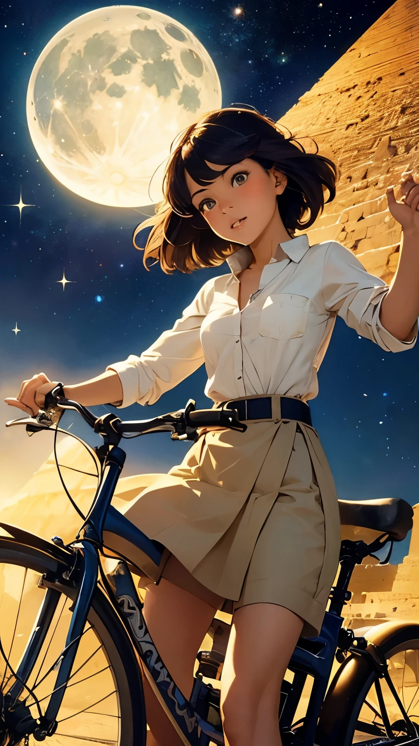 Jessie Willcox Smith, Sulamith Wülfing, animesque　wondrous　strange　Whimsical　Sci-Fi Fantasy　Minis  climbing the pyramids of Giza on a bicycle　a beauty girl　solo girl a moon　Milky Way　spacecraft, perfect body, shirt unbuttoned sweating high resolution masterpiece hyper detailed close up to girl
