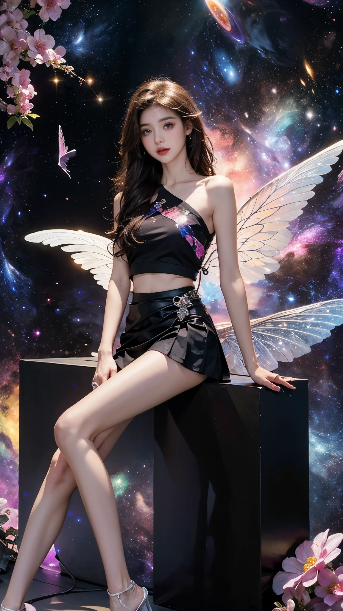 1girl，short skirt，Two piece fashionable outfit, Bare shoulders, short hemlines, 4k ultra hd, masterpiece, a girl, good face, detailed eyes, detailed lips, flower fairy girl, big wings, transparent wings, neon lights, (galaxy background:1.5), in the heaven, sitting on the unicon,