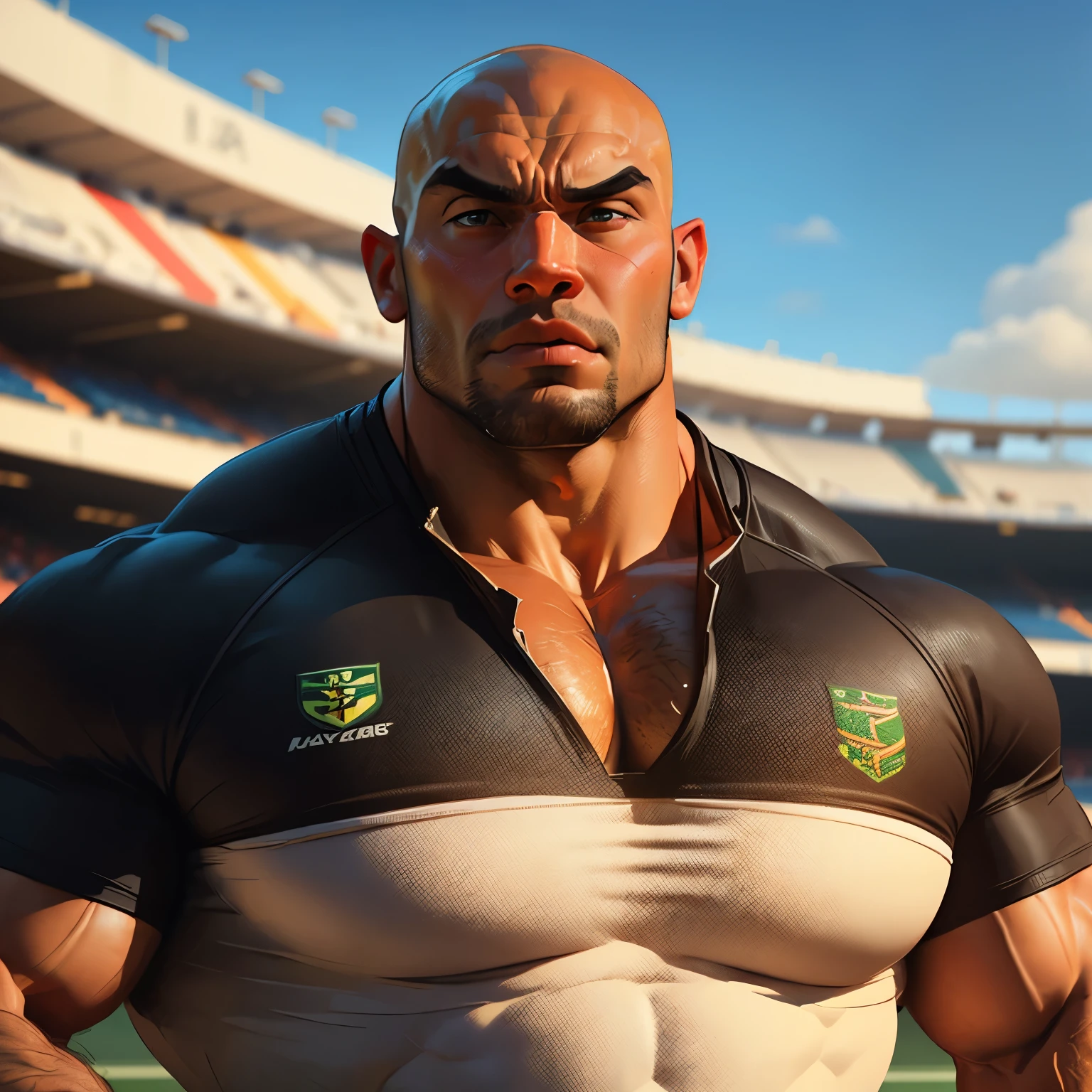 an exaggeratedly muscular and large bald bodyguard, beefy build, mixed race, tan skin, (worried expression: 1.1), (wearing rugby shirt: 1.2), (bara pecs: 1.3), (arm and chest hair: 1.1), close-up portrait HD, outdoor sports stadium