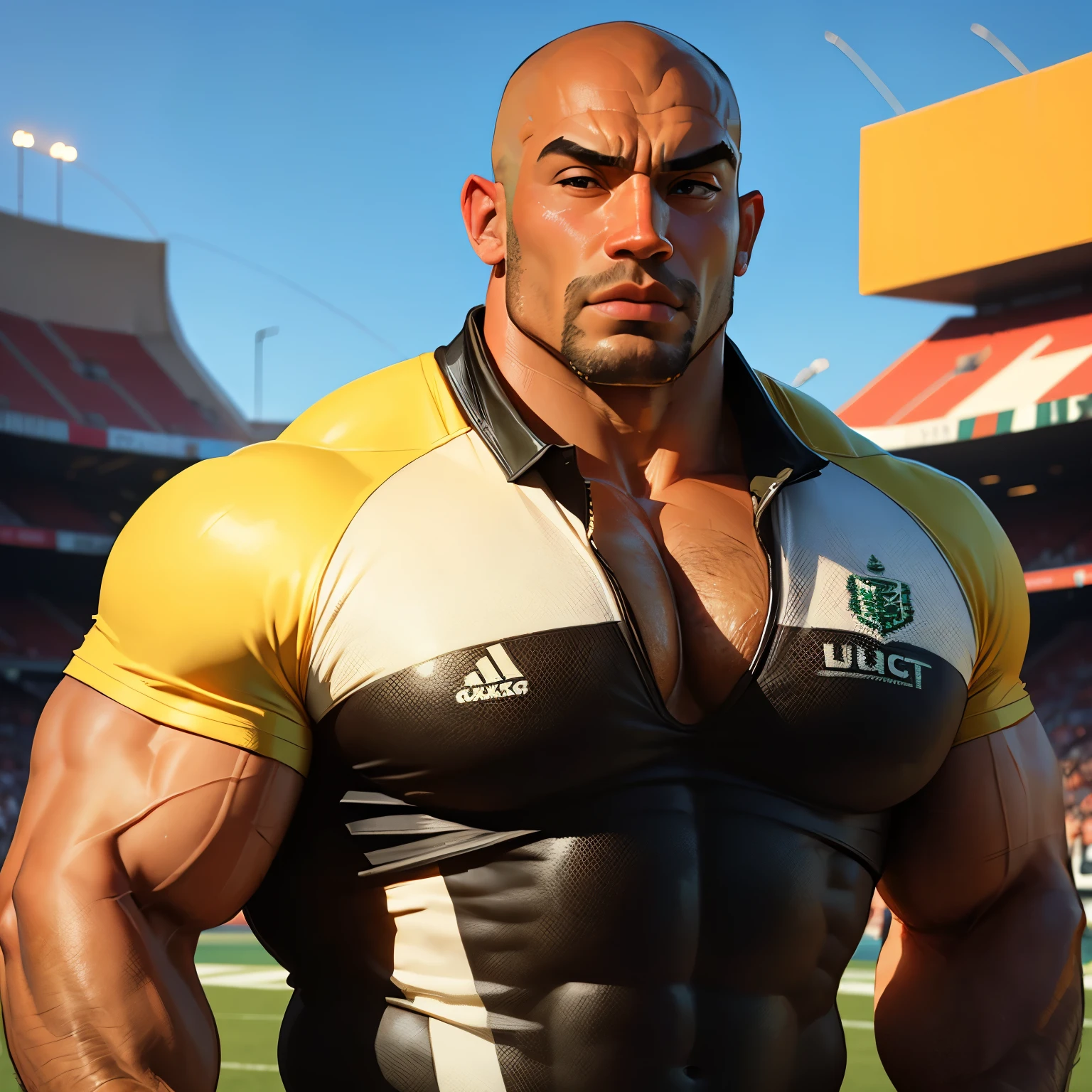 an exaggeratedly muscular and large bald bodyguard, beefy build, mixed race, tan skin, (wearing rugby shirt: 1.2), (bara pecs: 1.3), (arm and chest hair: 1.1), close-up portrait HD, outdoor sports stadium