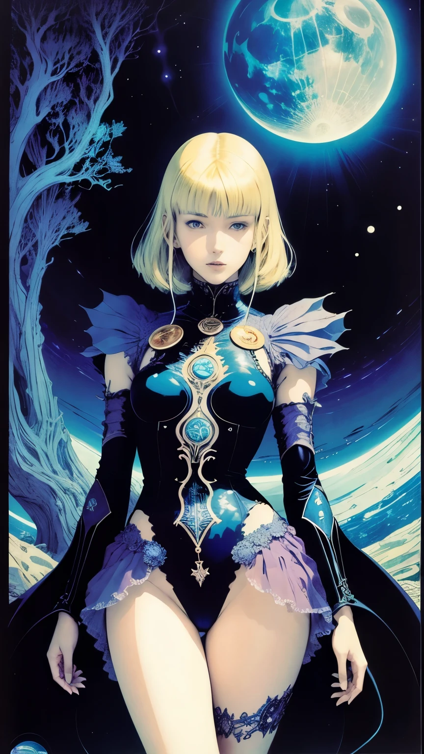 Harry Clarke, Katsuya Terada, Hiroshi Masumura, Jean Giraud, 　surreal　wondrous　strange　Whimsical　absurderes　fanciful　Sci-Fi Fantasy　Dive to the moon, beautiful miniskirt blonde girl Alice, perfect body